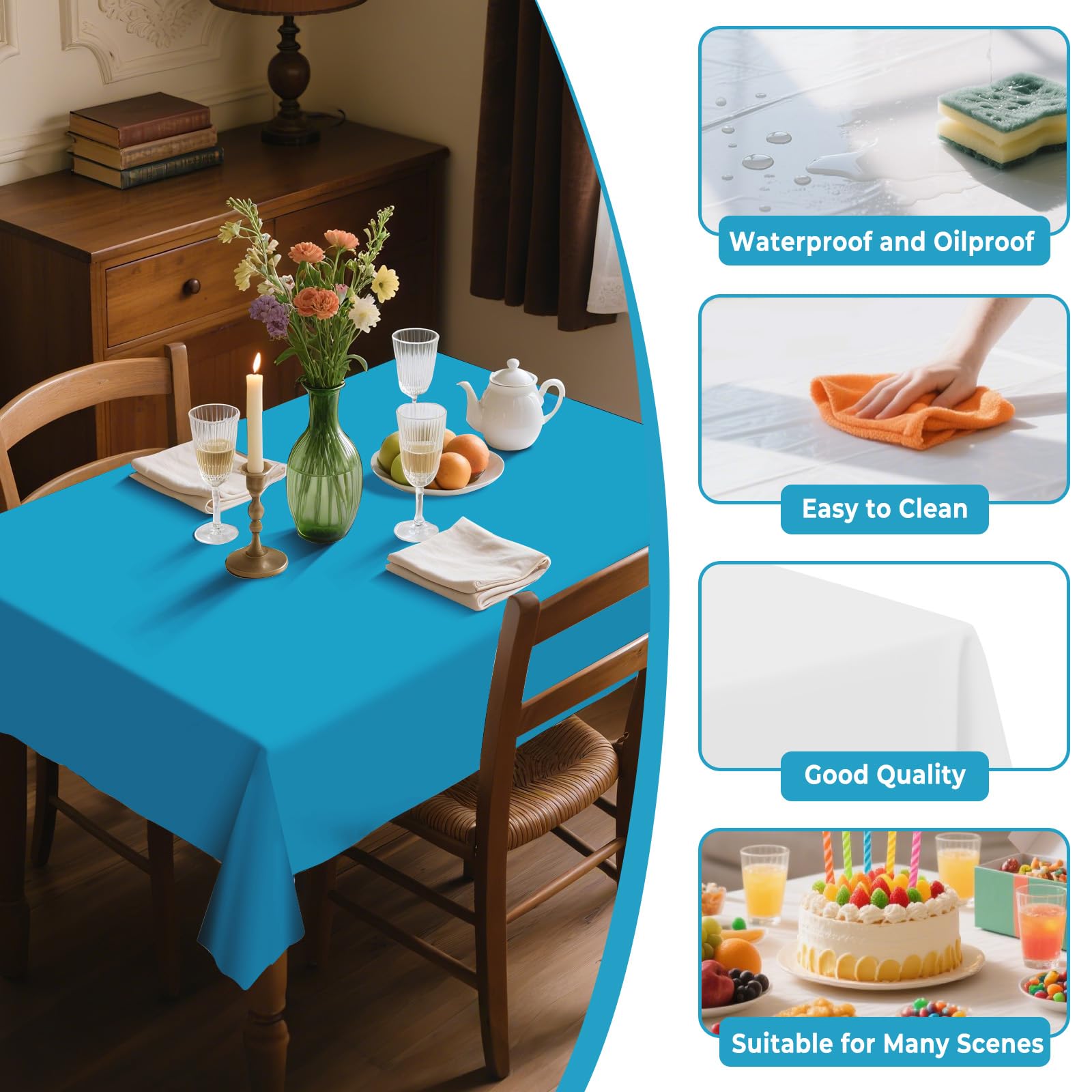 Rollo de mantel de plástico de 54 pulgadas x 160 pies con caja cortadora, manteles de plástico cortados a medida para fiestas, cumpleaños, rollo de mantel desechable para mesas de todas las formas