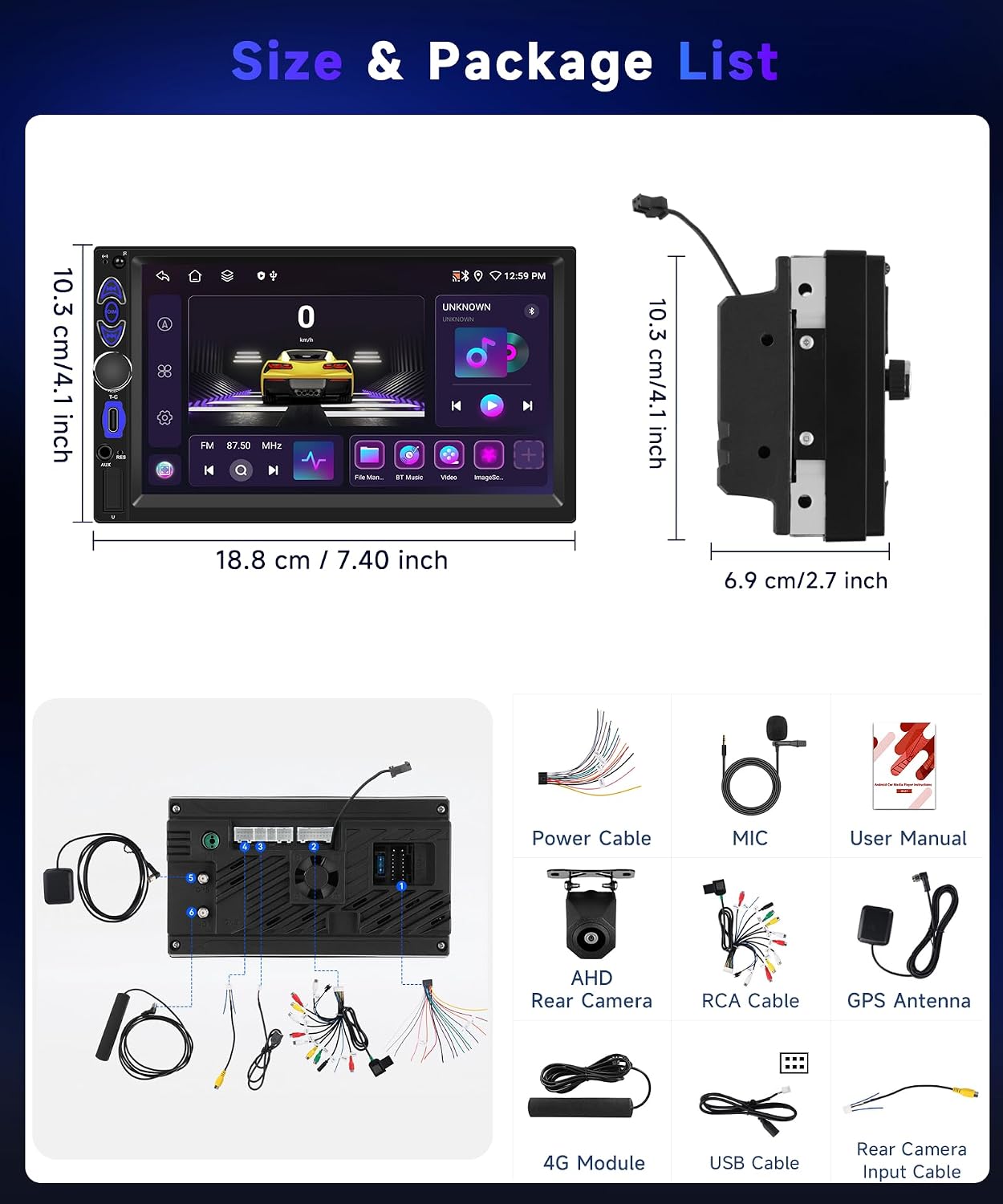 Diagram showing all components included in the VECHTEL car radio package, including the main unit, cables, GPS antenna, rear camera, and microphone.