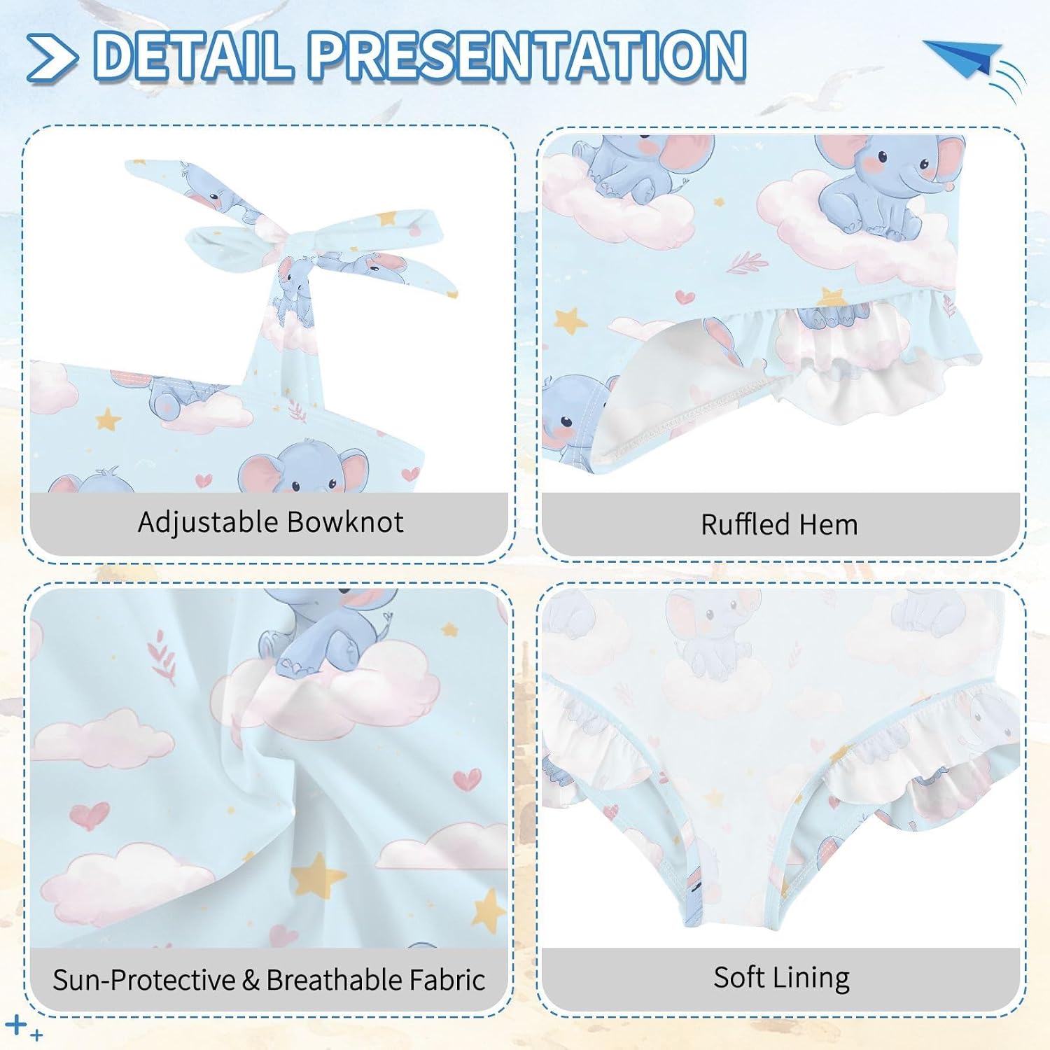 visesunny Toddler Girl Swimsuit Adjustable Strap Swimwear Elephant Cloud Bathing Suits for Girls 18M-6Y