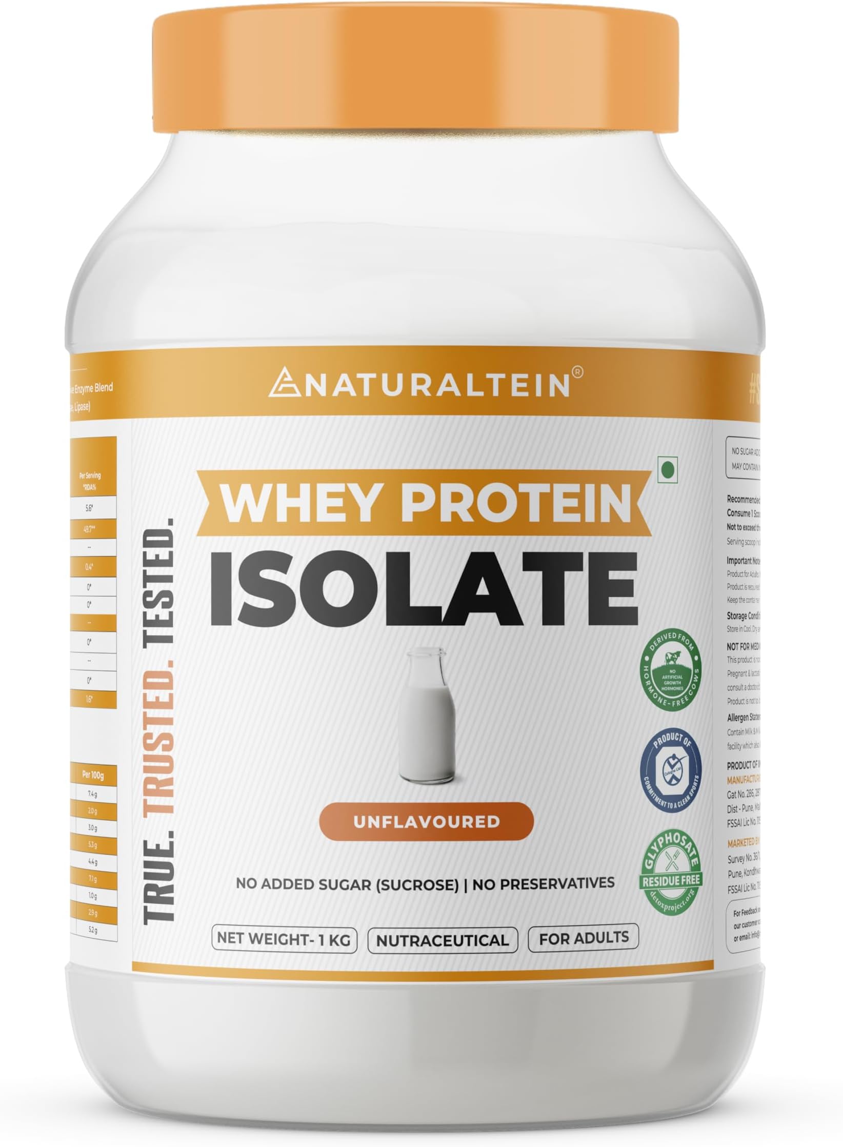 NATURALTEIN Natural Whey Protein Isolate Unflavoured - 1 kg (Naturally flavored, Non GMO, No Artificial Sweeteners)