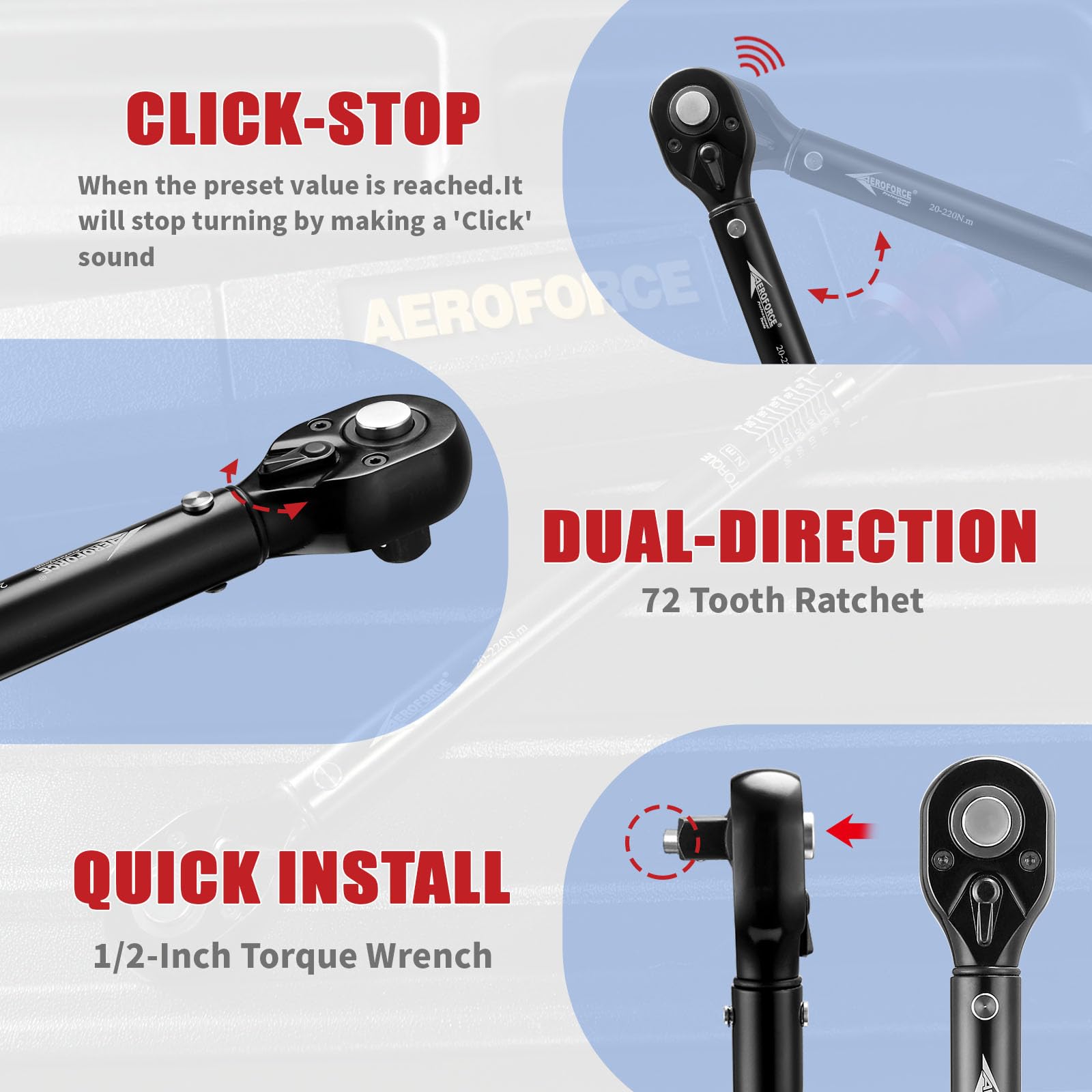 AEROFORCE Chiave Dinamometrica 1/2", Alta Precisione ±3%, 20-220NM, Chiave Dinamometrica con Scatola di Immagazzinaggio Per Auto Moto Riparatori