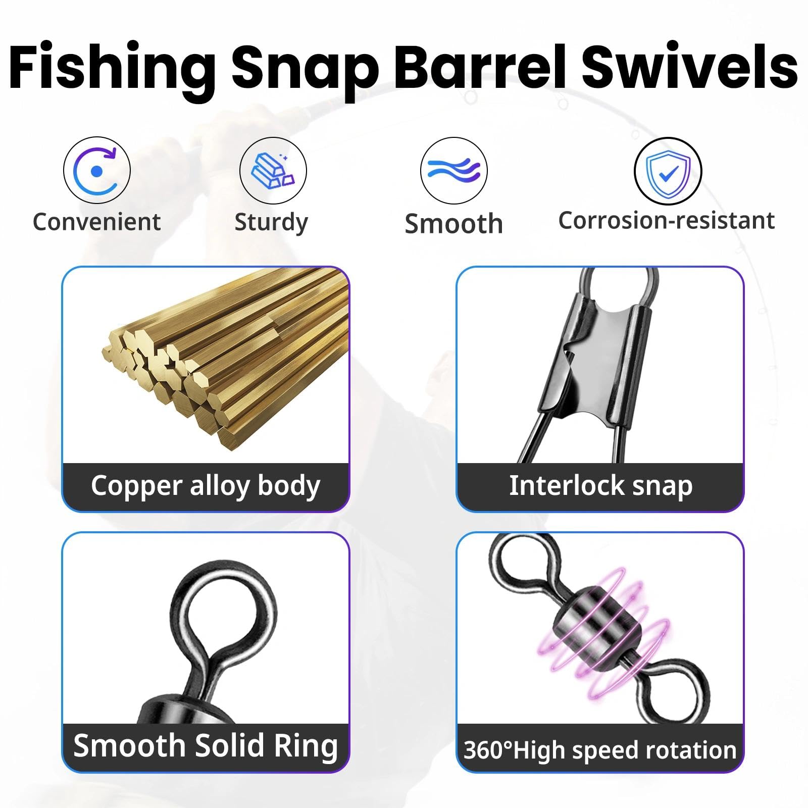 Natufish Girelle a scatto da pesca e girelle a barilotto – Confezione da 50 clip girevoli in acciaio inox resistente alla corrosione per acqua salata/acqua dolce con blocco di sicurezza e cuscinetto a