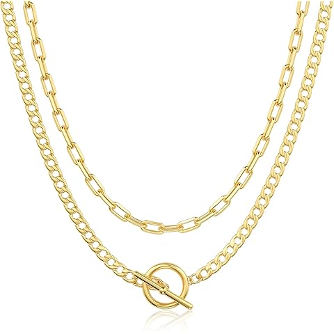 CHESKY Layered Necklaces for Women, 14K Gold Plated Chain Necklace Women Trendy Cuban Link Paperclip Chain Toggle Clasp Necklace Fashion Chunky Jewelry for Women