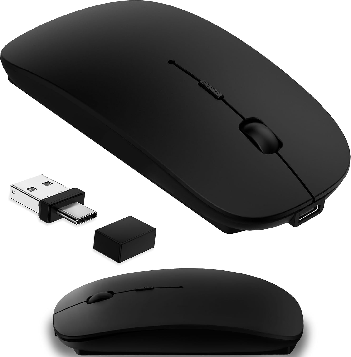 適用於 MacBook 和 iPad 的無線滑鼠,藍牙 5.2/3.0 和 2.4G USB-C/USB-A,可充電靜音超薄滑鼠,附多裝置切換和活動模式,以防止螢幕鎖定 - 黑色