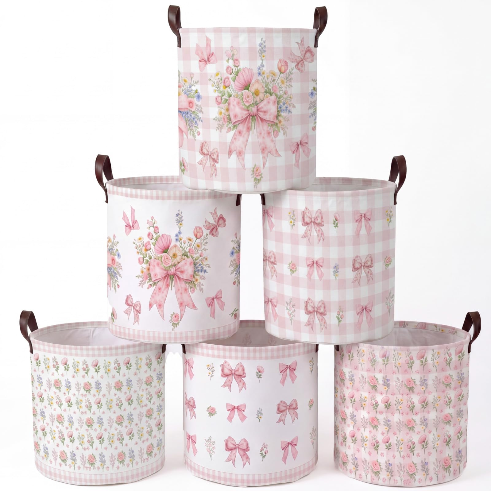 Fourluoo 6 Pack Large Pink Bow Laundry Basket Collapsible with Handles