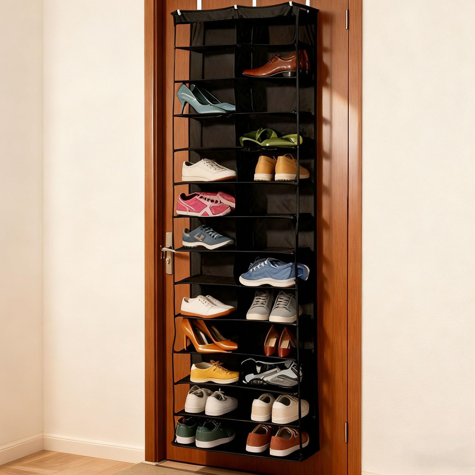 Organizador de almacenamiento para puerta colgante con 26 bolsillos transparentes, soporte plegable de 160 x 56 cm para zapatos, sudaderas, ropa y organización del hogar