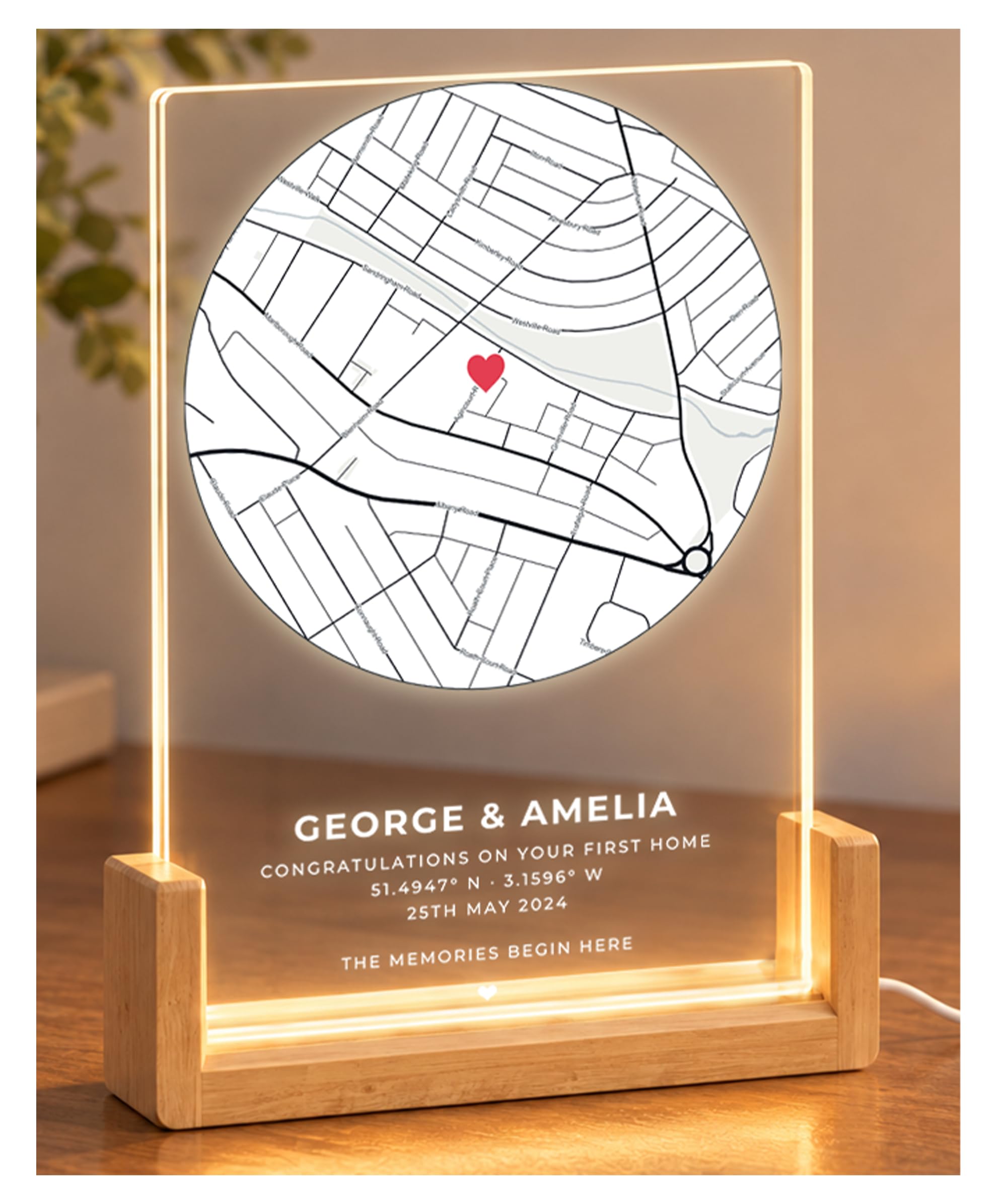 Crafted Memories Personalised Address Map Plaque LED Night Light – Custom City Street Map with GPS Coordinates & Names – Acrylic Wooden Base Sign – Housewarming Present for Couple, First Home — image 1