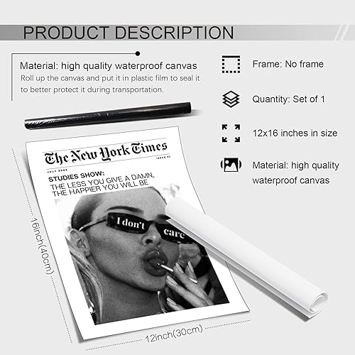 Miniatura 2 de Heltrappe Póster vintage de periódico en blanco y negro, moderno The New York Times, póster con texto en inglés "I Don't Care", impresiones