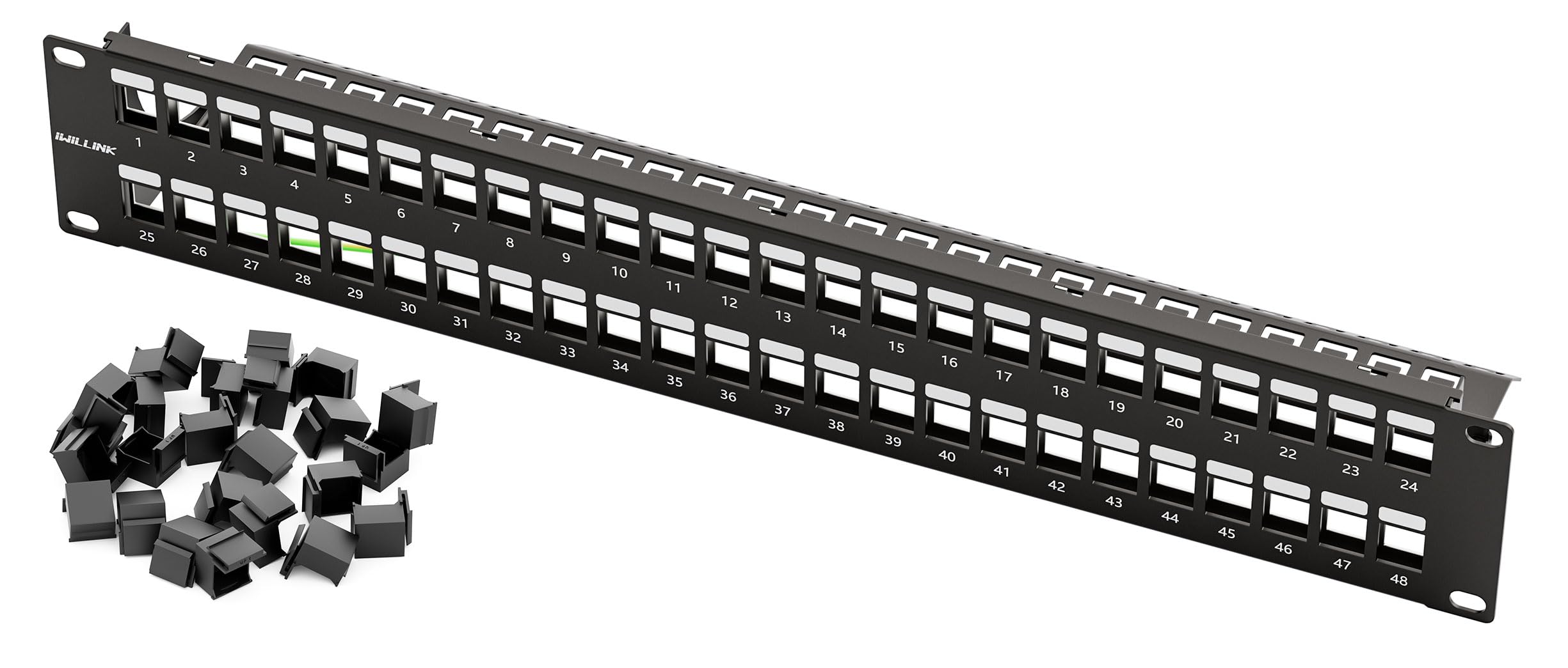 Iwillink Panel de conexión en blanco de 48 puertos para módulos Keystone, 2U, 19 pulgadas, con 24 insertos en blanco Keystone Jack, compatible con CAT6 CAT6A, CAT7 y CAT8