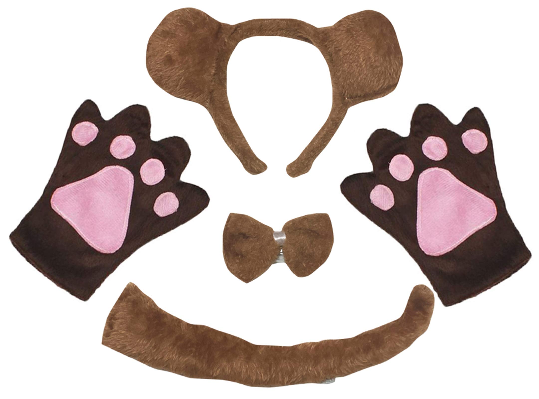 Petitebelle Bear Headband Bowtie Tail Gloves 4pc Adult Costume (Brown/Long Tail, One Size)
