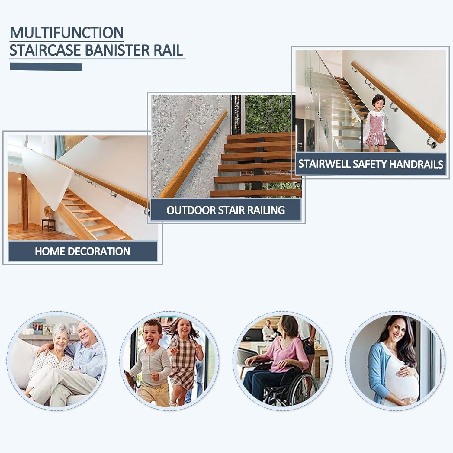 Indoor Wooden Handrails for Stairs, Staircase Banister Rail with Stainless Steel Brackets Kit Corridor Stair Railings Support Rod Safety Hand Rail Wall Decor (Size : 7ft/210cm)