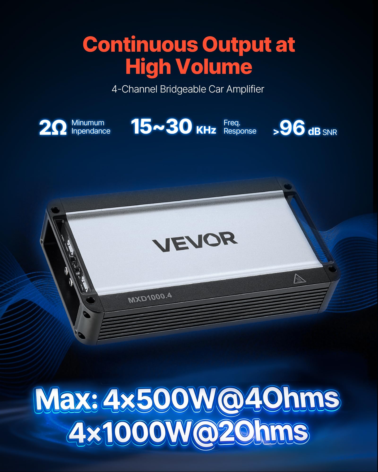 VEVOR Amplificatore Audio per Auto a 4 Canali Potenza a Ponte di Classe D max. 4x500 W a 4 Ohm/4x1000 W a 2 Ohm, Amplificatore per Vericoli Multicanale 14,4V CC Larghezza di Banda 15 Hz-30 kHz