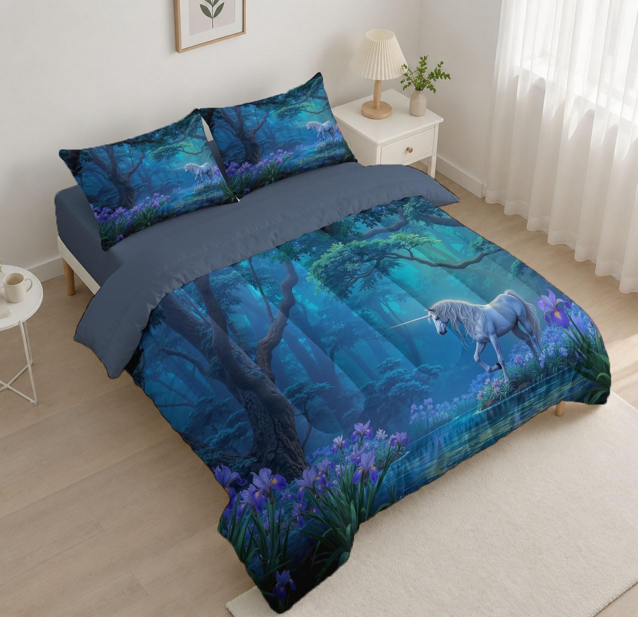 3 Piece Quilts Full Size Bedding Set, Blue Lightweight Bedspread, Soft Microfiber, Unicorn Forest Wildflowers Pattern for All Season Bed Coverlet with 2 Pillow Shams, 79"X90"