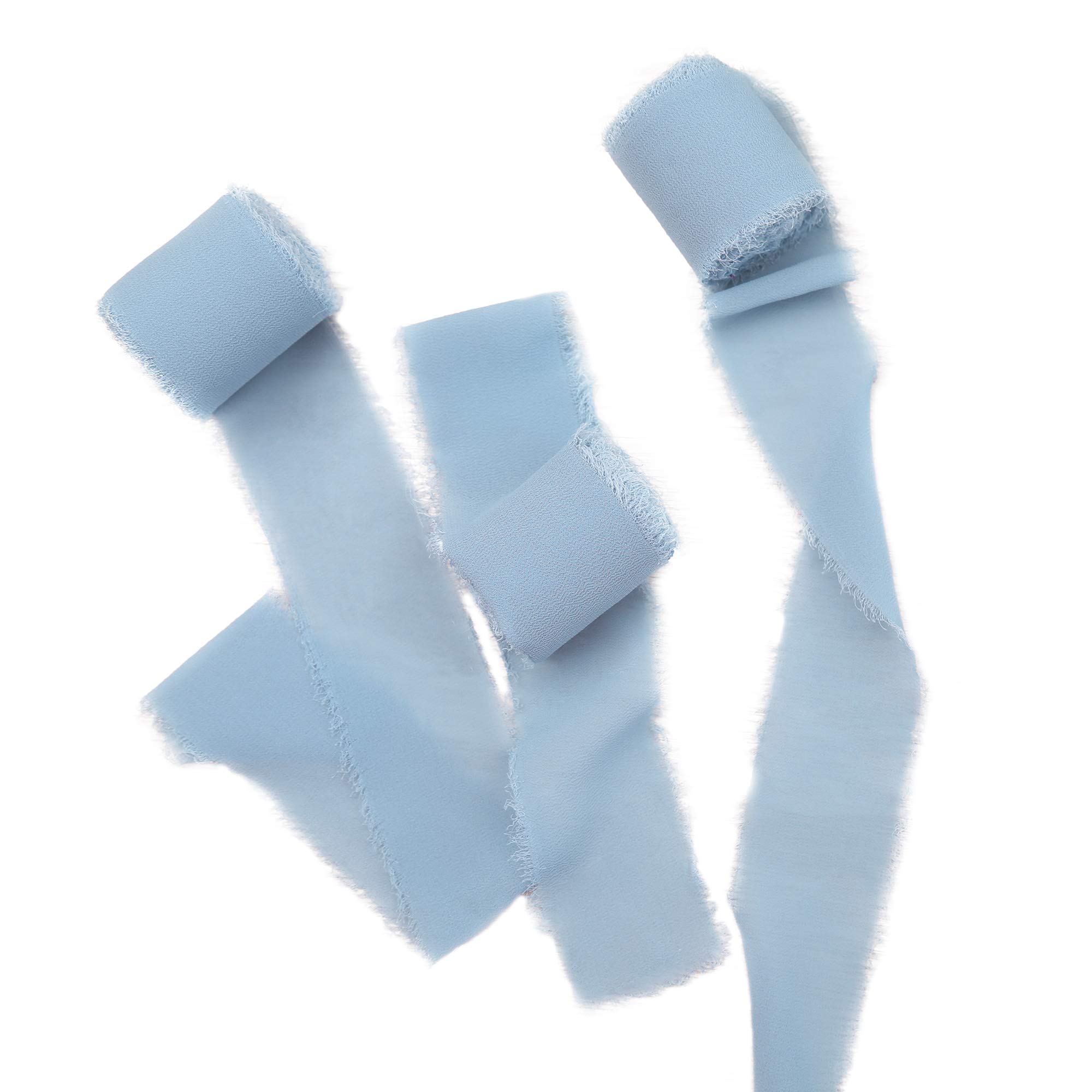 DORIS HOME3 Rolls 2"x7Yd Fringe Chiffon Ribbon for Flower Bouquet, Handmade Dusty Blue Ribbon for Gift Wrapping, Frayed Edge Ribbon for Crafts, Decorating, Bouquet Wrap, Wedding Invitation