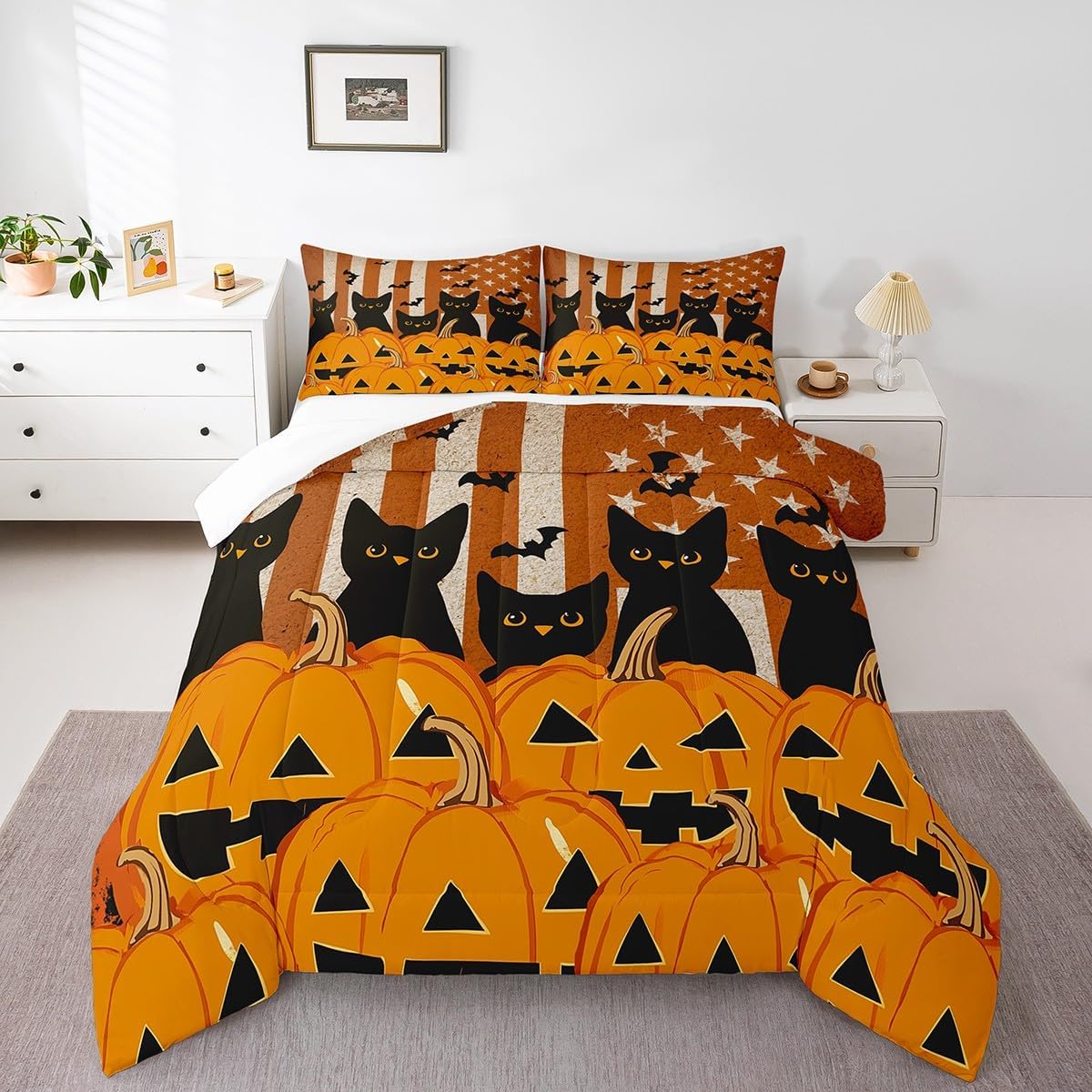 Feelyou Kids Black Cats Comforter Set Twin Size Halloween Pumpkin Lantern Comforter for Boys Girls Cute Kitten Scary Bats Decor Bedding Set American Flag Quilt with 1 Pillow Case Boys