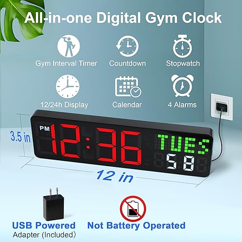 Miniatura 2 de Temporizador de reloj de gimnasio, reloj de entrenamiento con segundos, 5 modos de visualización, 4 alarmas, temporizador de cuenta regresiva de