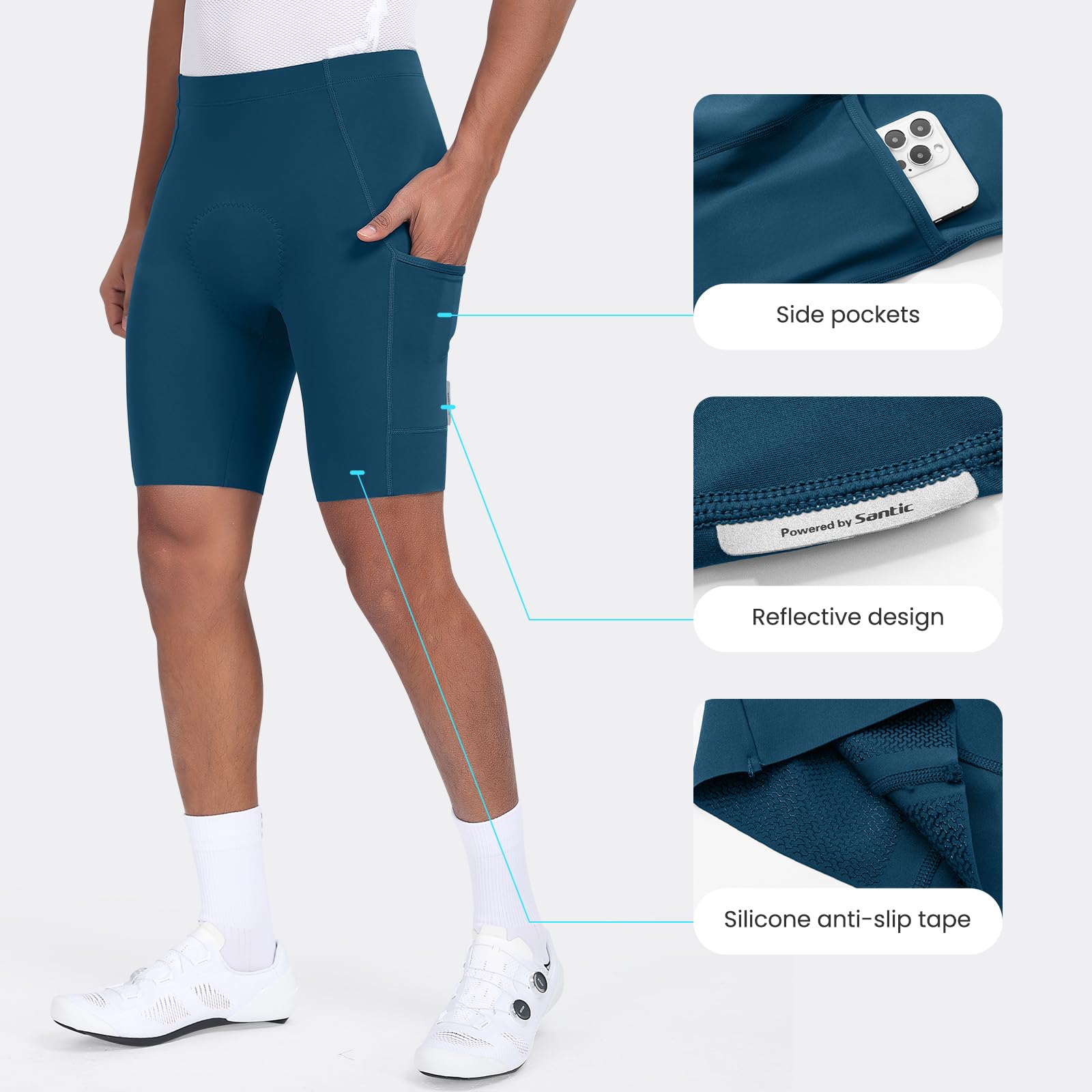 Santic Pantaloncini da bici da uomo 4D imbottiti UPF 50+ ciclismo su strada mountain bike pantaloncini da ciclismo con tasche