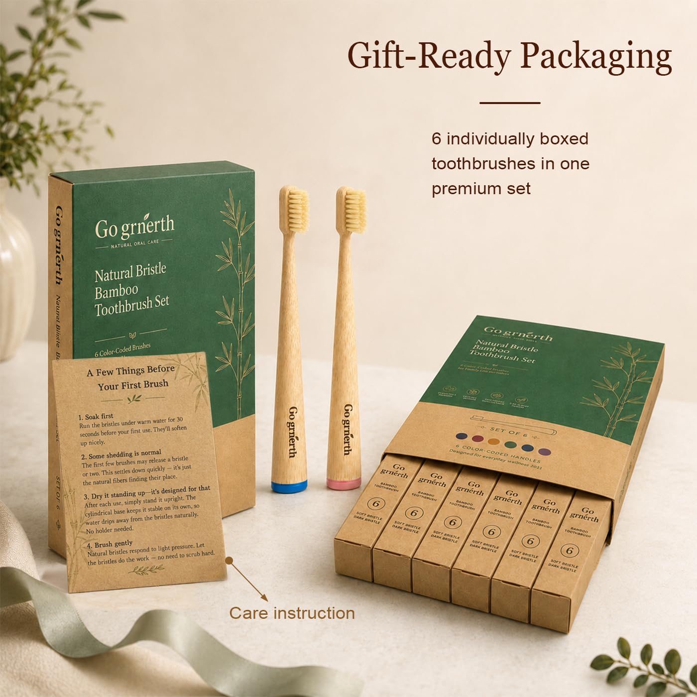 Cepillo de dientes de cerdas de jabalí natural, mango de bambú, sin nailon, manual, para adultos y familia, paquete de 6 (mediano)