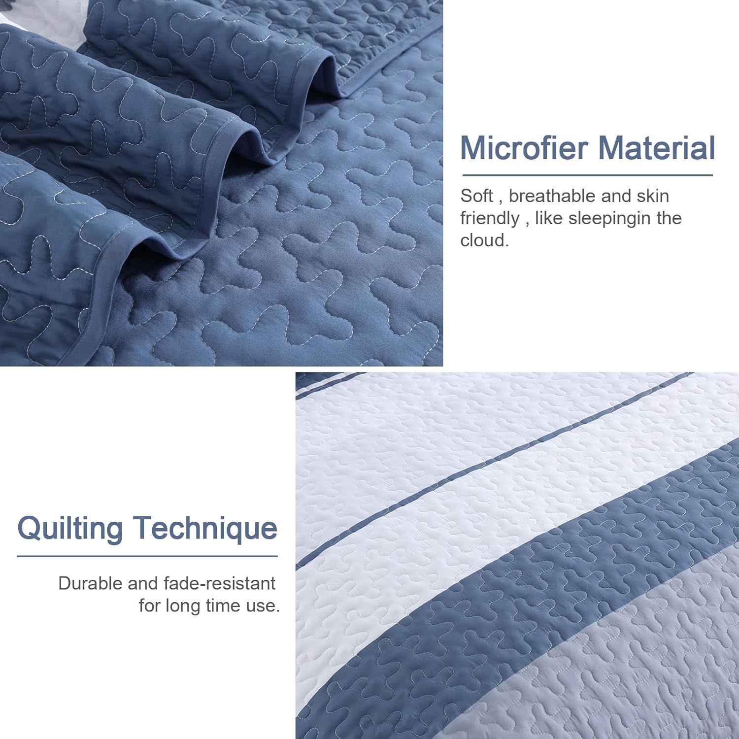 Dinjoy King Size Quilt Set Mineral Blue, 3 Pieces Boho Patchwork Striped Quilted Bedding Sets Soft Lightweight Bedspreads & Coverlets Set, for All Seasons 110"x90" - Image 6