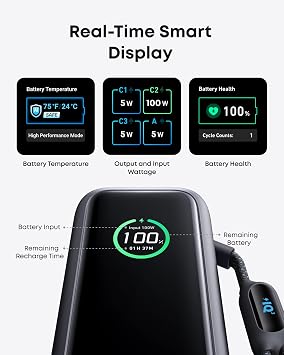 Anker Laptop Power Bank,25,000mAh Portable Charger with 165W Total Output,3 USB-C Ports (100W Max Each),Built-in Retractable Cables,Flight-Ready,for iPhone 17/16 Series,MacBook,Samsung,and More