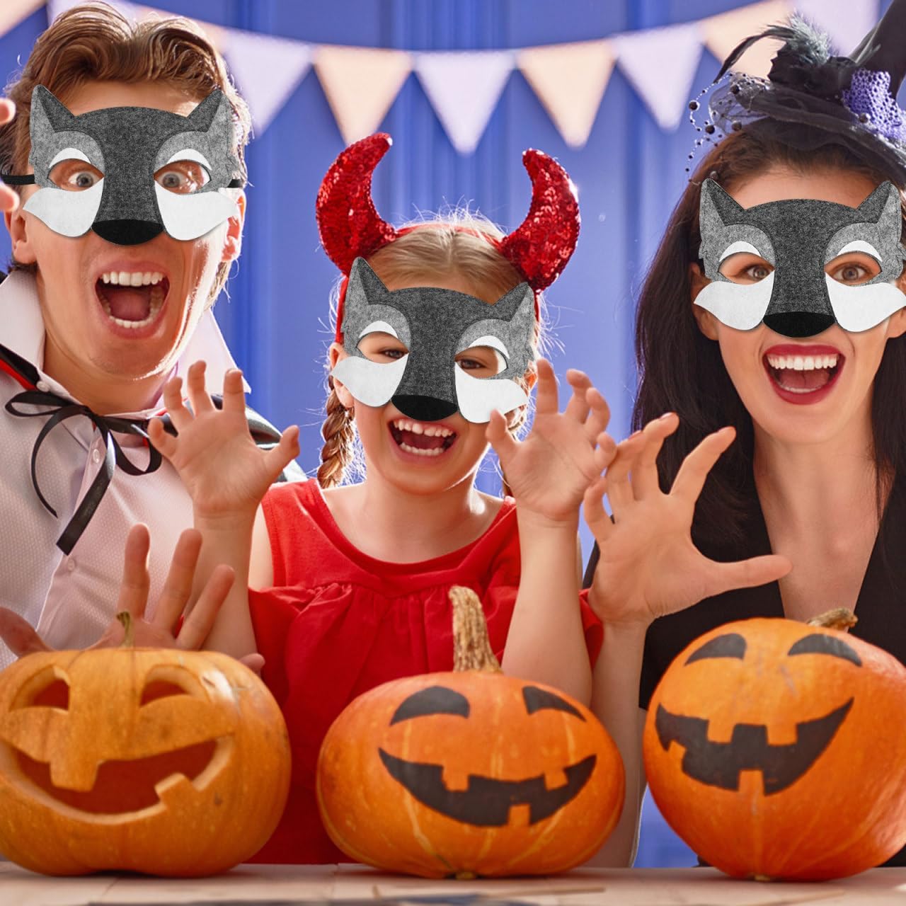 NUOBESTY 3Pcs Wolf Mask for Kids, Felt Animal Half Face Masks with Elastic Band, Cosplay Costume Accessory for Halloween Dress Up Party Supplies (Grey) - Image 3