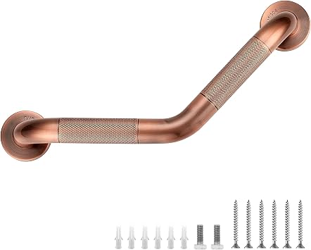 Grab Bars for Shower, 1 Pack, 16 Inch Angled Anti-Slip, Antique Copper | Grab Bars for Bathroom, Knurled V-Shaped Grip for Seniors, 1-1/4-Inch Diameter, 15-Inch Hole Centers, Check Stud Spacing