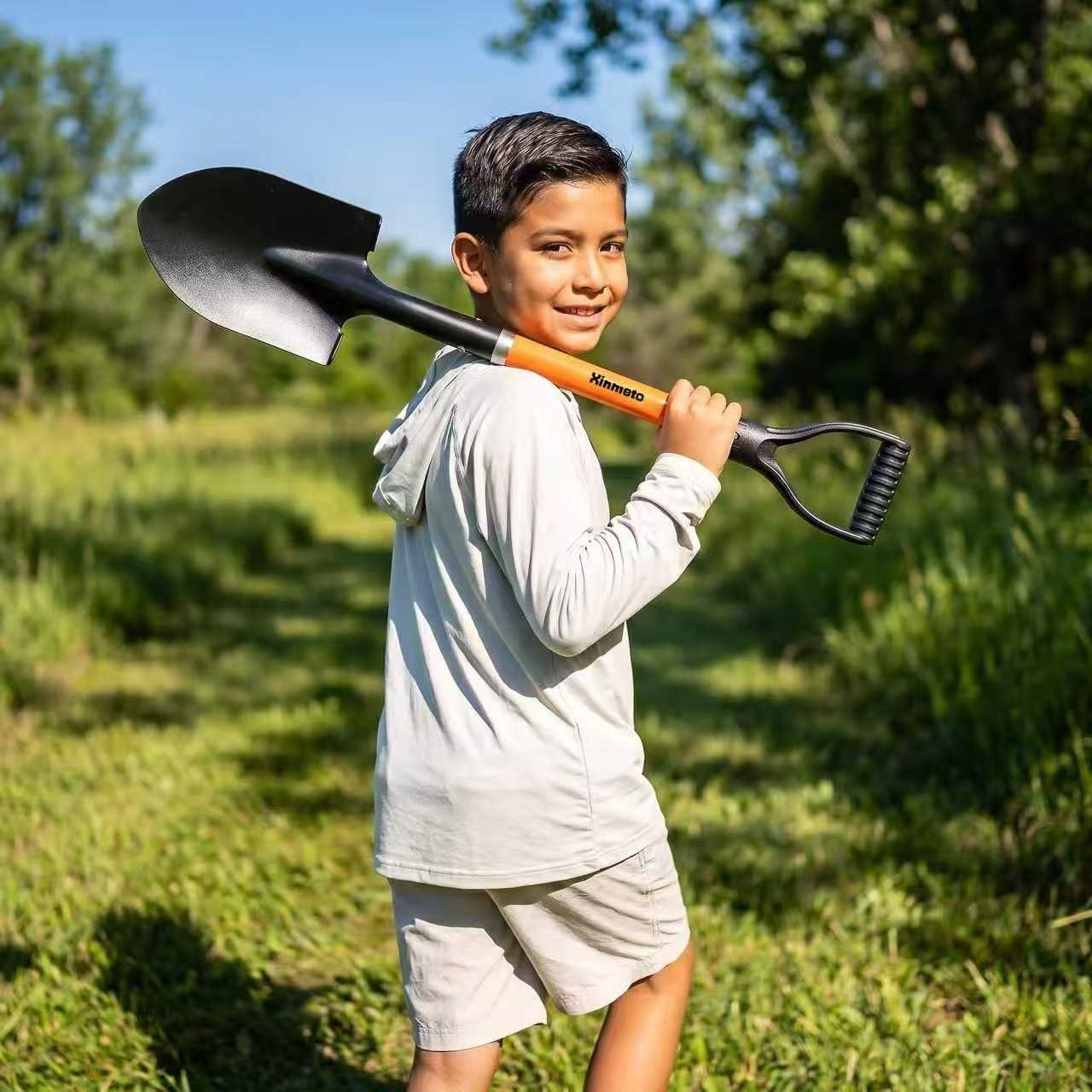 Kids Shovel for Digging, 28-Inch Small Round Point Shovel with Metal Blade and Fiberglass Handle, Mini D-Grip for Gardening, Planting, Beach, Camping & Snow, Orange