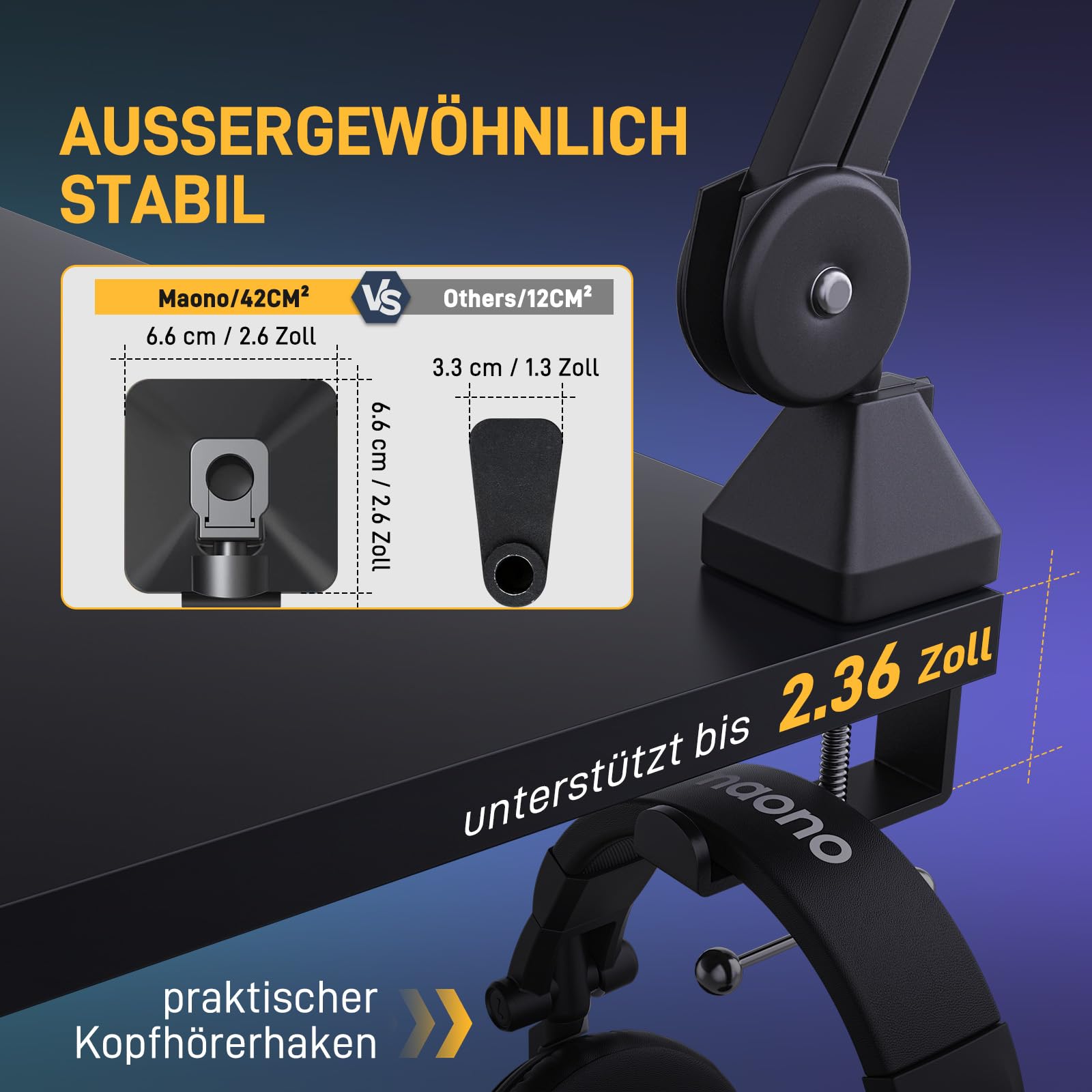 MAONO Mikrofon Arm, verstellbar mit 3/8"-5/8" Adapter, für Blue Yeti、HyperX QuadCast、SoloCast、Elgato Wave、FIFINE, Podcast & Streaming, BA37 schwarz