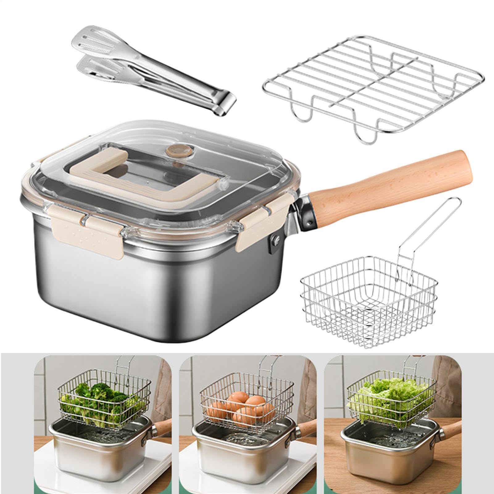 Pentola per Friggere - Set Friggitrice Multifunzionale | Tegame con Cestello | Acciaio Inossidabile Robusto Dotato di Griglia Scolo e Pinza, Paraspruzzi per Cucina Camping & Outdoor Professionale