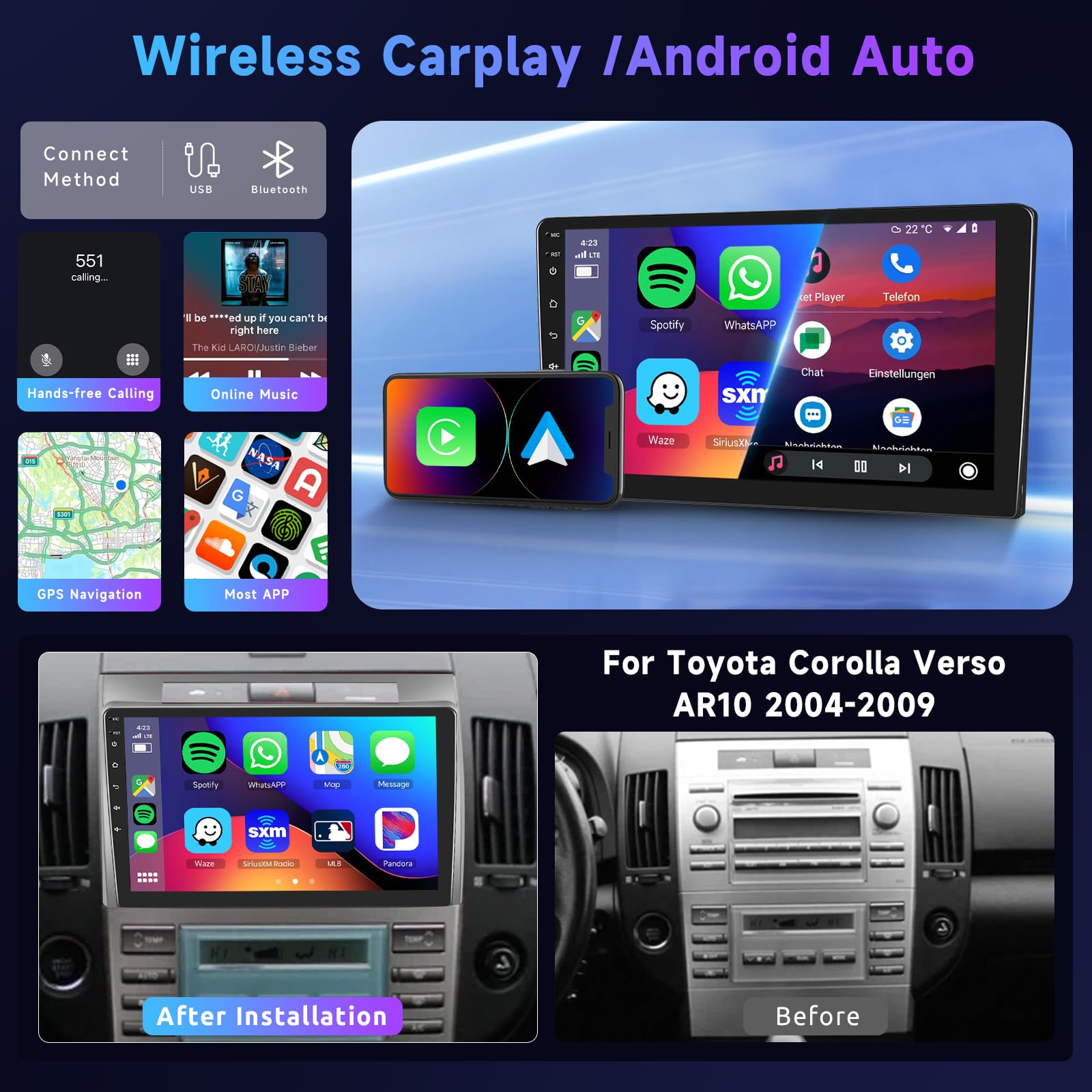 Podofo 4G 64G 9" Autoradio pour Toyota Corolla Verso AR10 2004-2009 Carplay Android Auto sans Fil, WiFi GPS Navi HiFi/RDS/FM DSP, 1280 * 720, Android 13 Radio 2 din avec caméra de recul AHD