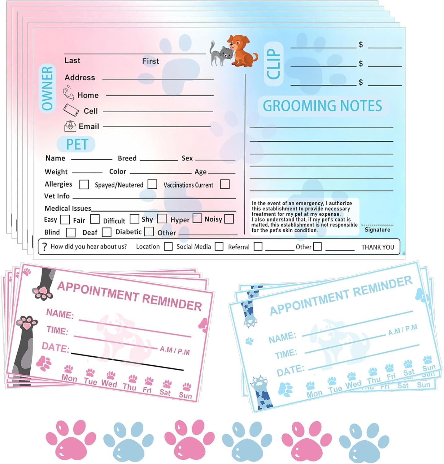 Cat Pet Dog Grooming Cards 50 Pcs Groomer Information Check-in Cards