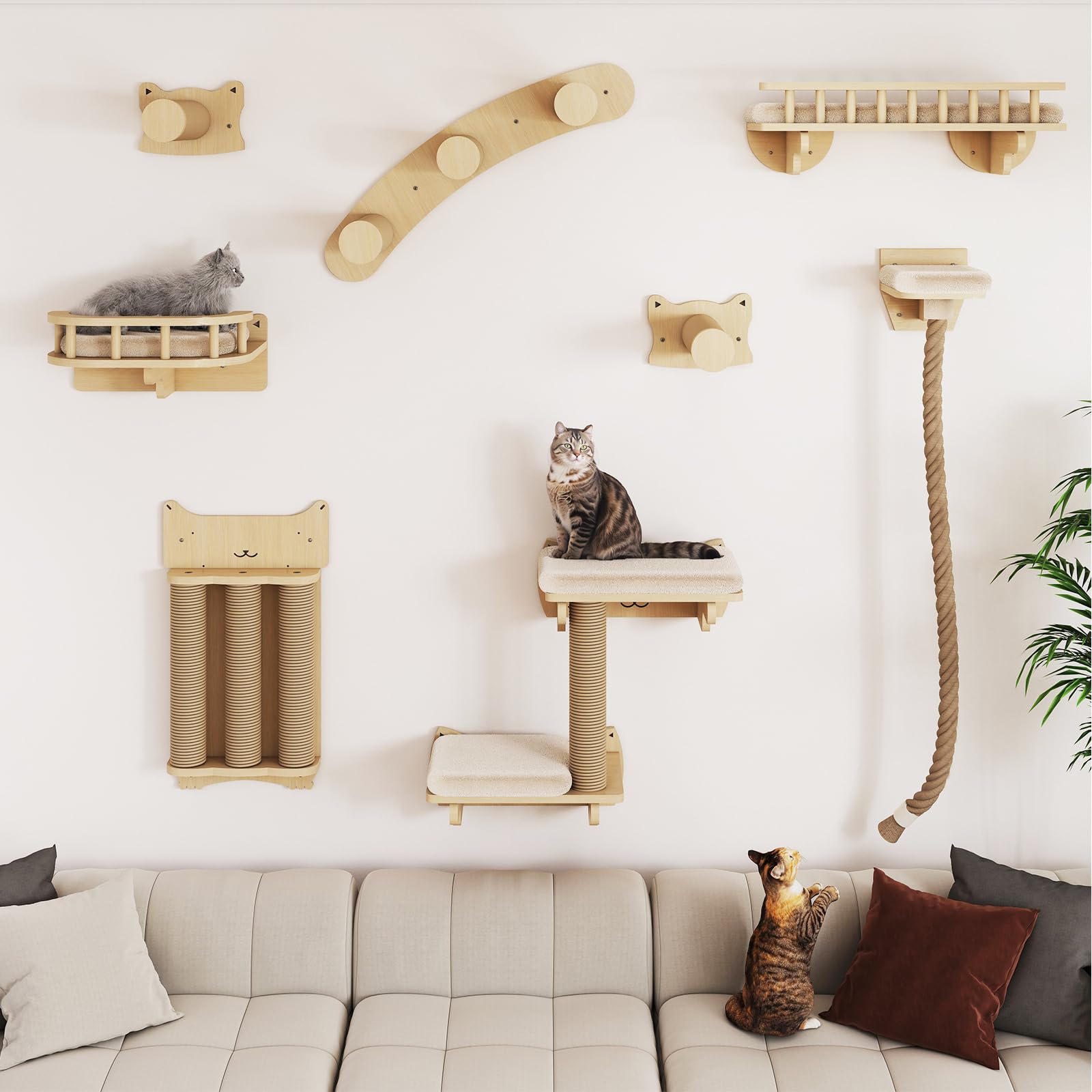 BYBYME Ensemble Mural d'escalade pour Chat en Bois Naturel, 8 pièces Robustes avec griffoirs, Plate-Forme pour Chaton, Corde en sisal de 100 cm et lit pour Dormir, Jouer et se détendre (Bois Naturel