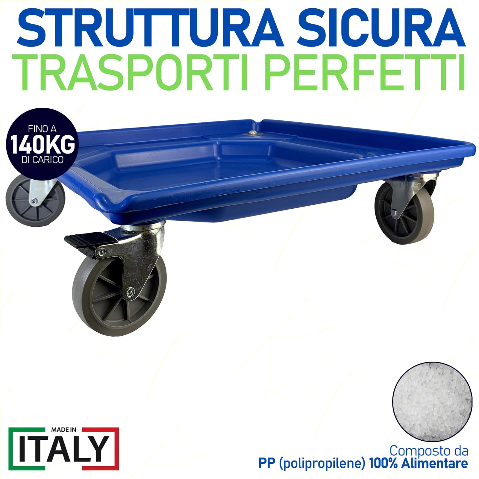 Sicignano | Carrello 4 Ruote Porta Cestelli per Lavastoviglie Industriale, 50x50 cm, con Vasca Salva-Goccia e Freno, Portata 140 kg, Polipropilene alimentare, Made in Italy