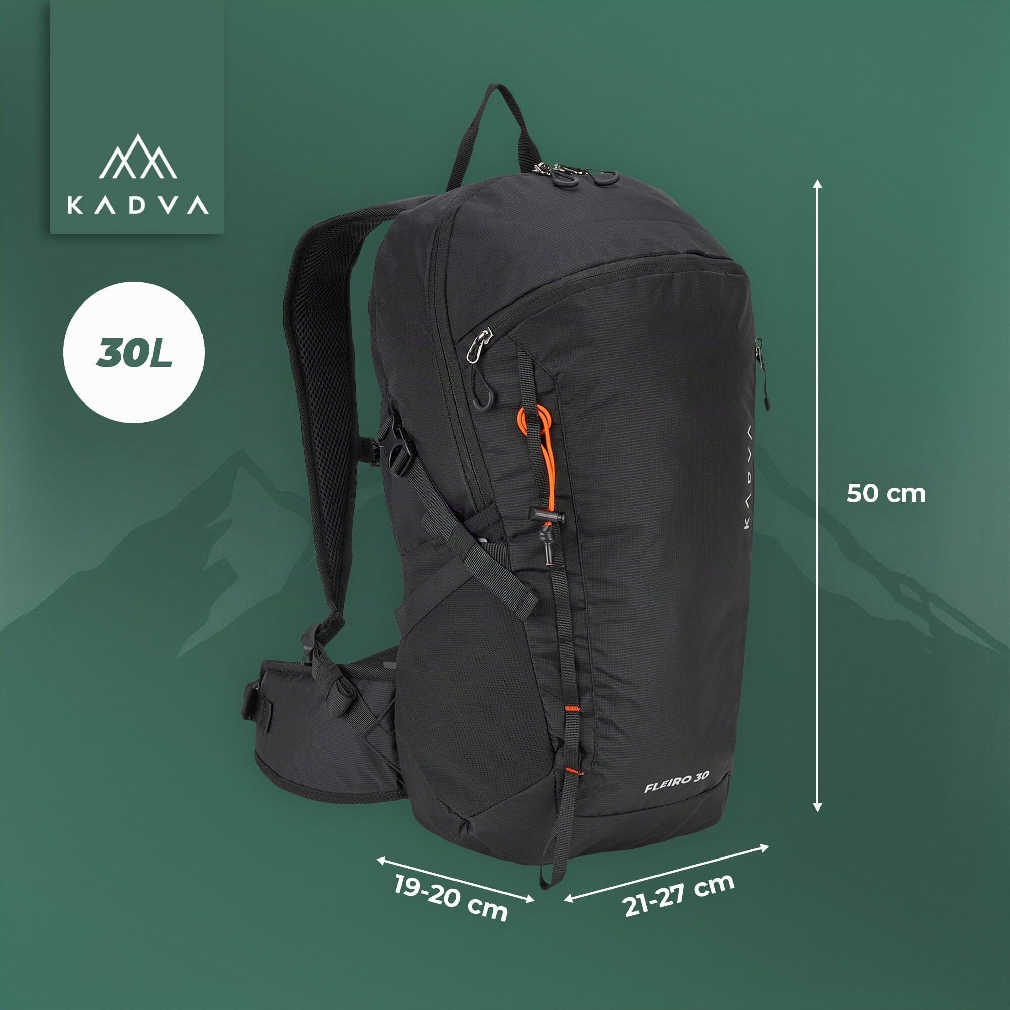 KADVA – Zaino da Trekking Fleiro 30 L con Schienale ventilato e Telaio, Accesso dal Basso al comparto Principale, Tasca per idratazione e Copertura Antipioggia Integrata