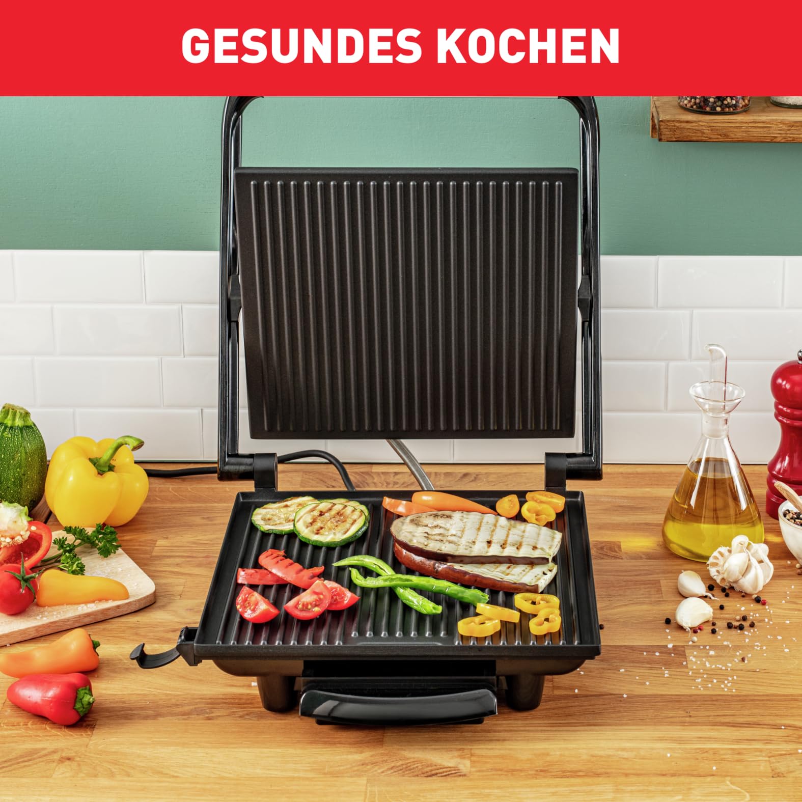 Tefal Inicio GC241D Kontaktgrill, Elektrogrill, 2000W, Antihaftbeschichtete Grillplatten, Edelstahl/Schwarz