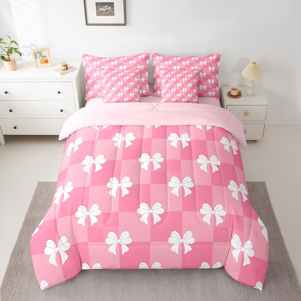 Feelyou Bowknot Bedding Set Queen Size Dreamy Princess Style Comforter Set 7 Pieces Pink Plaid Cute Bow Girly Geometric Bed in a Bag Kawaii Bow-tie Bed Set with Comforter, Sheet Set, Pillowcases
