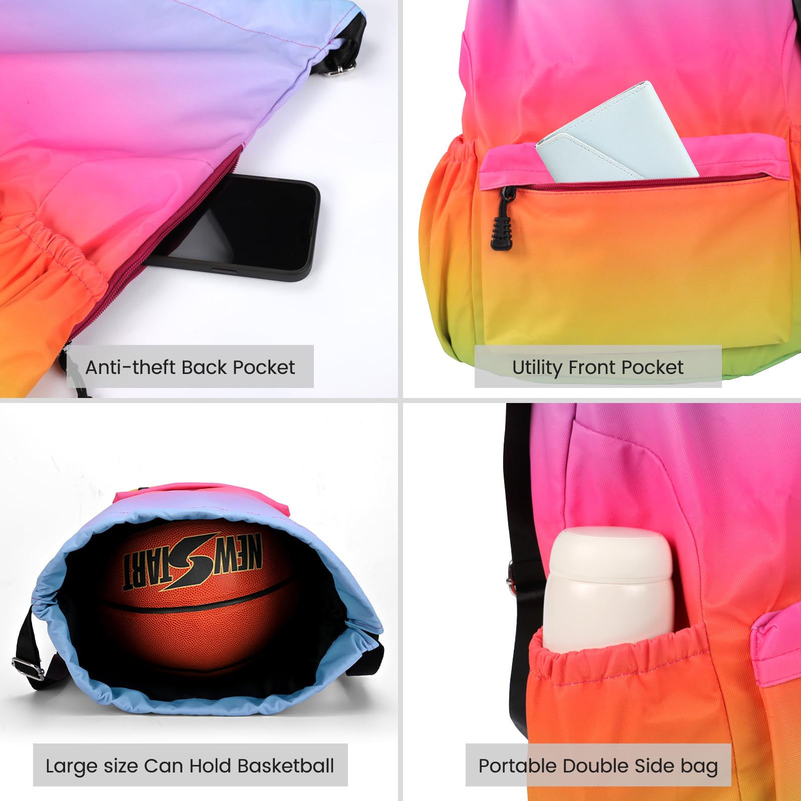 Sac à Dos à Cordon, Imperméable Large Bandoulière Sacs de Sport à Cordon Sac de Gym Avec Poche Intérieure Et Poche De Sécurité avec Poche Avant Et Arrière Zippée, Dégradé Couleurs