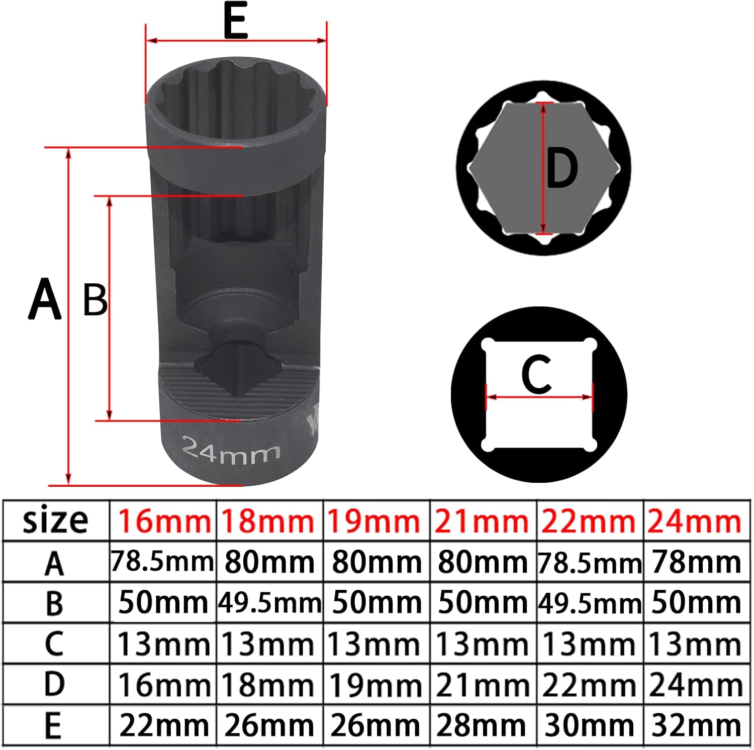 Suspension Strut Socket Tool, Strut Nut Socket 16mm 18mm 19mm 21mm 22mm 24mm with 12 Point 1/2" Drive, Suspension Spreader Set 8pc Shock Absorber Tool