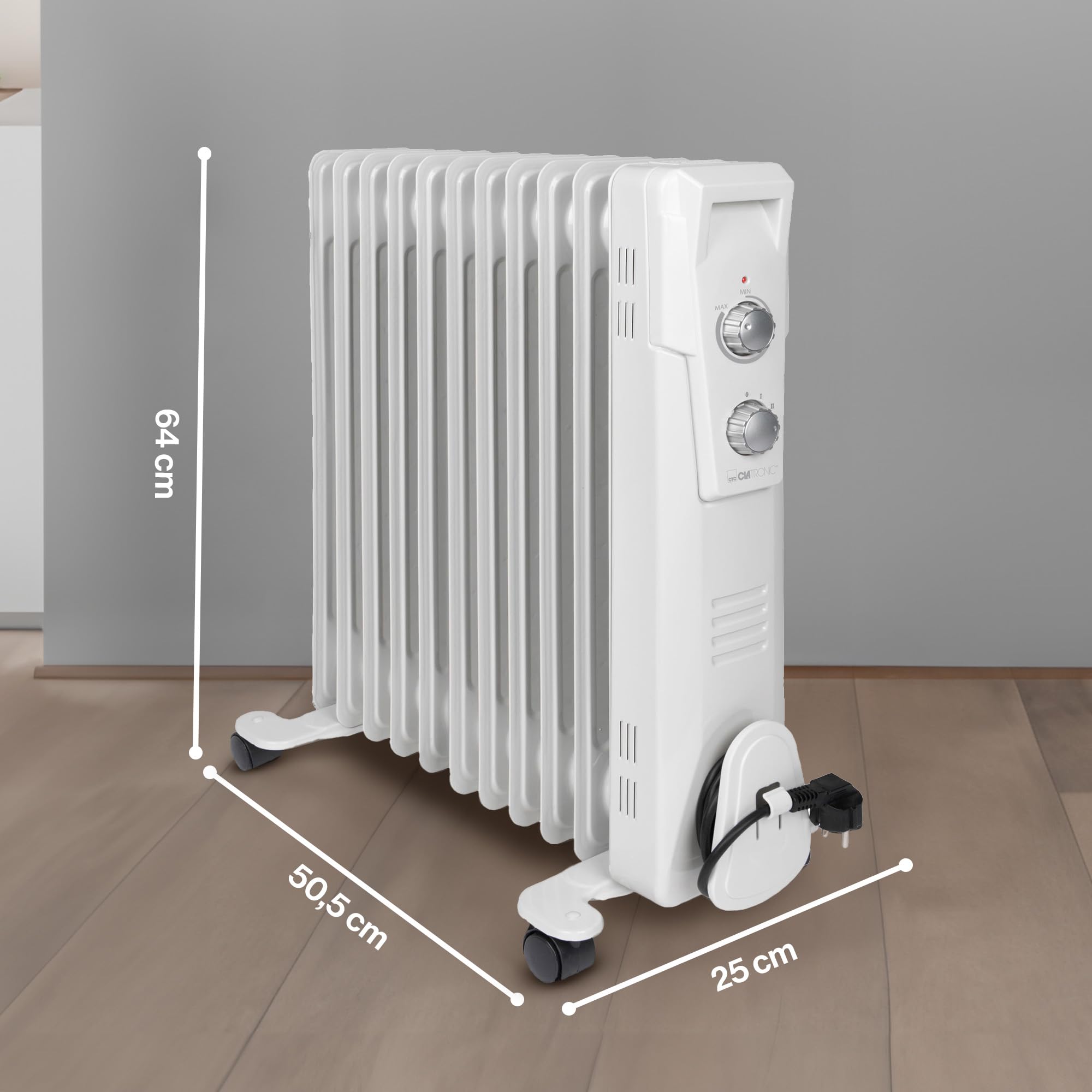 Clatronic® Radiador de aceite | Calefacción móvil eficiente | Calefacción eléctrica con 11 costillas | Radiador con 3 niveles de potencia | Radiador Slimline | hasta 50 m² | 2300 W | RA 3737