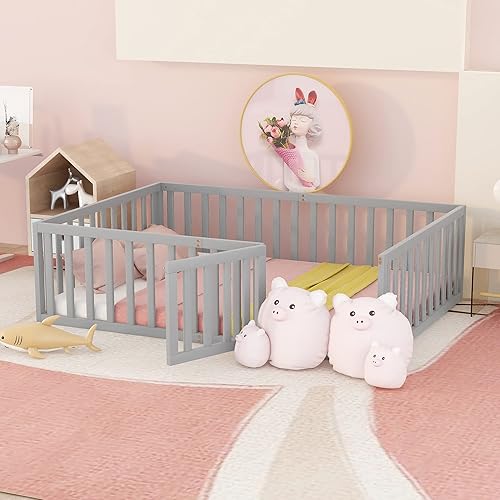 Miniatura 33 de P PURLOVE Cama de suelo de madera tamaño Queen, marco de cama con barandilla en forma de valla y puerta que se puede cerrar para niños y niñas,