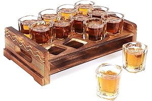 Vivimee Shot Glass Rack - Square Crystal Shot Glasses & Rustic Wood Serving Tray