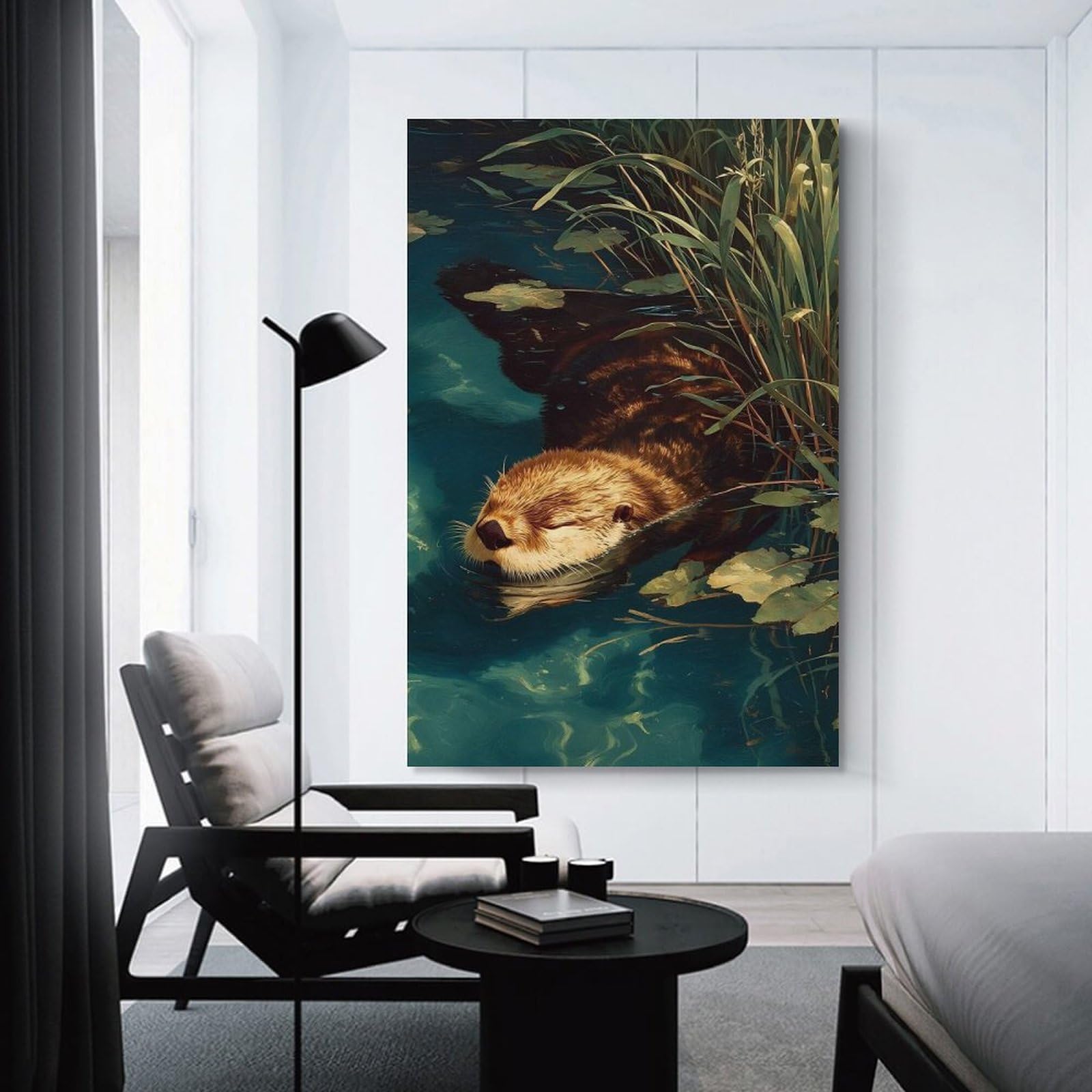 Junmoney Unframe-Style-21 Canvas Wall Decor Otter Swimming In Water With Lily Pads, 16X24inch(40X60cm), For Home Lounge, Bedroom Or Reading Nook, Eye Catching Artwork For Blank Walls