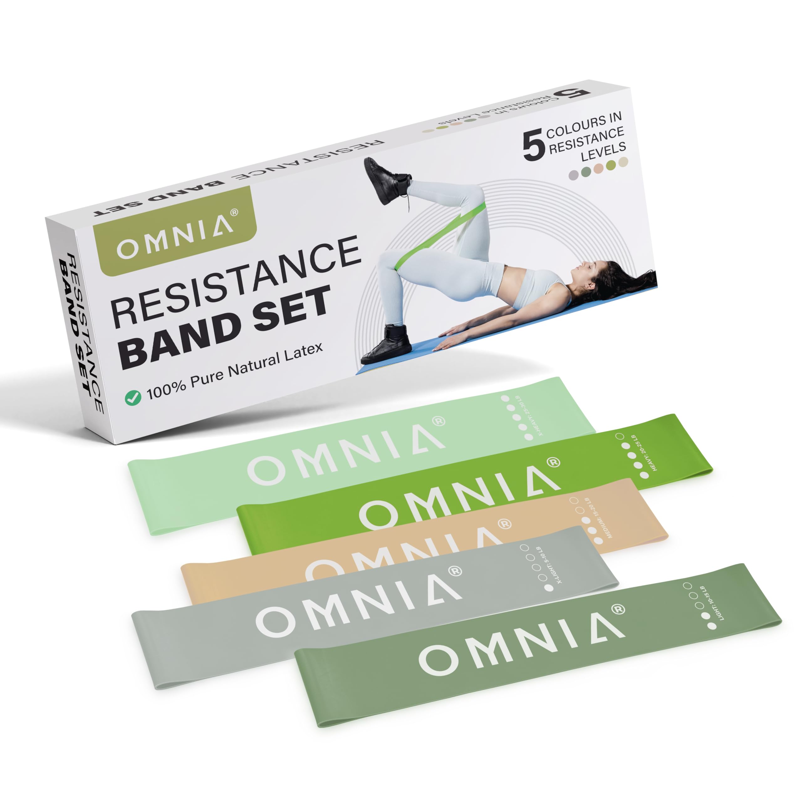 OMNIA Resistance Bands Set for Home Workouts – Durable Exercise Bands for Strength Training, Yoga, Pilates, Physio – 5 Resistance Levels – Unisex Fitness Bands (Green)