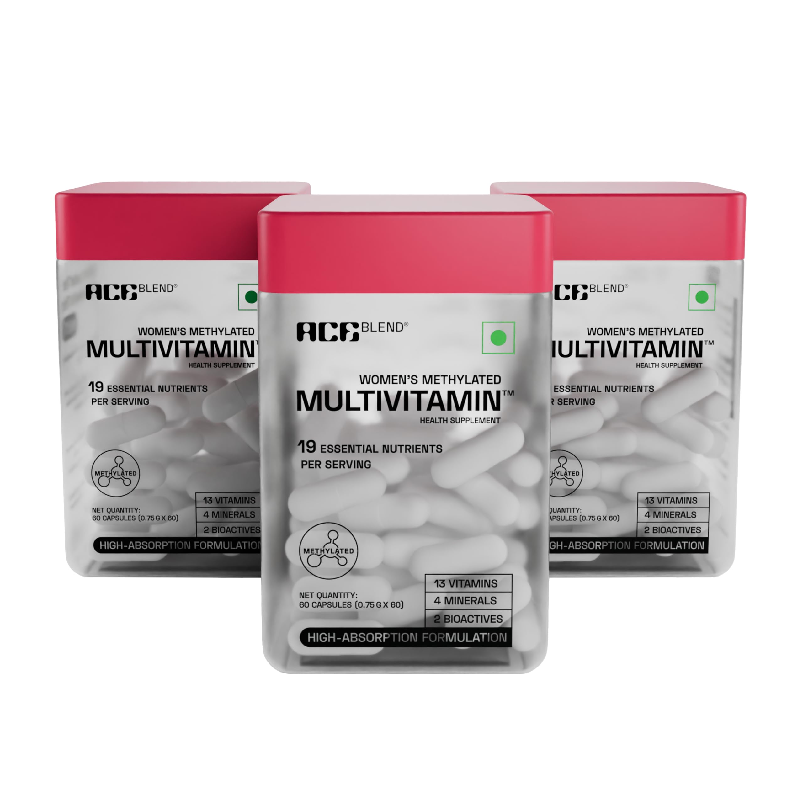 Ace Blend Multivitamin Capsules for Women | Pack of 180 | With Iron & Methylated Multivitamin | 19 Essential Nutrients with Quatrefolic, MenaQ7 K2 & Vitashine D3 | Supports Hormonal Balance & Immunity