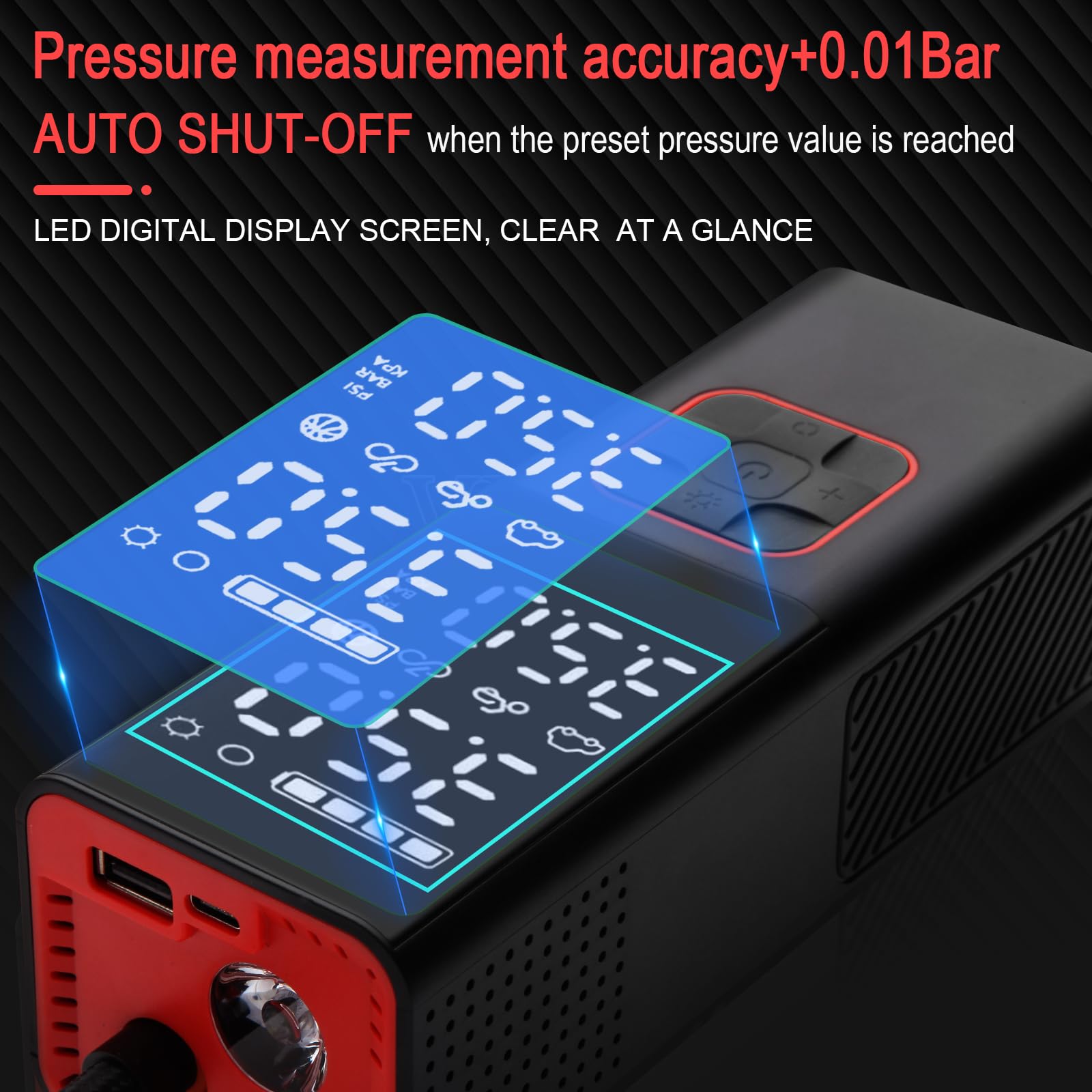 Compressore d'aria portatile per pneumatici, 160 psi, 7800 mAh, 25 cilindri, 3 volte più veloce, per gonfiare la pressione dei pneumatici dell'auto, con manometro digitale, adatto per auto, moto