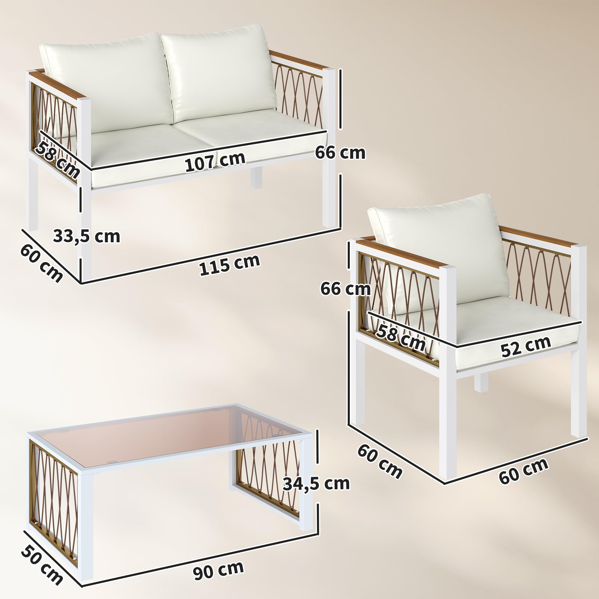 Outsunny Gartenmöbel Set 4-Teilig Polyrattan für 4 Personen Cremeweiß | Lounge-Set mit Zweisitzer, 2 Sessel, Glastisch, Abnehmbare Kissen, Rutschfeste Matte, Balkonmöbel Sitzgruppe