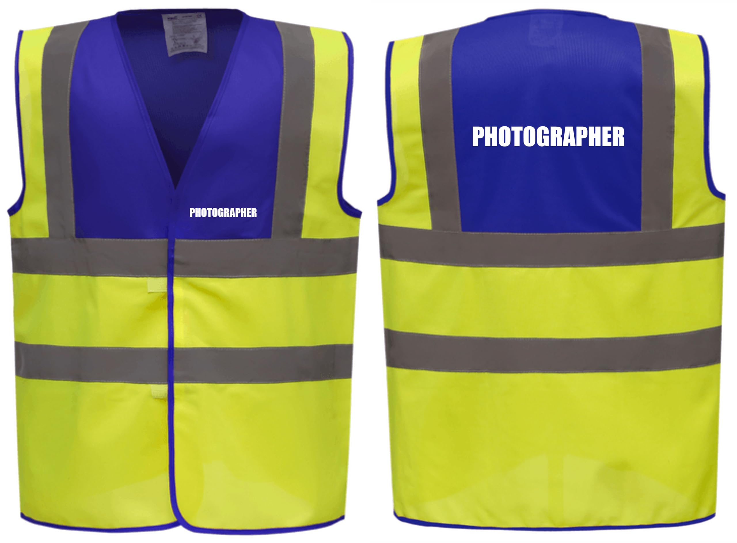 Brook Hi Vis Premium Two Tone Safety Vest - PHOTOGRAPHER Printed Front & Back, Event Management High Viz Waistcoat, Available 8 Colours Hi Vis Vest (Blue/Yellow, Small)