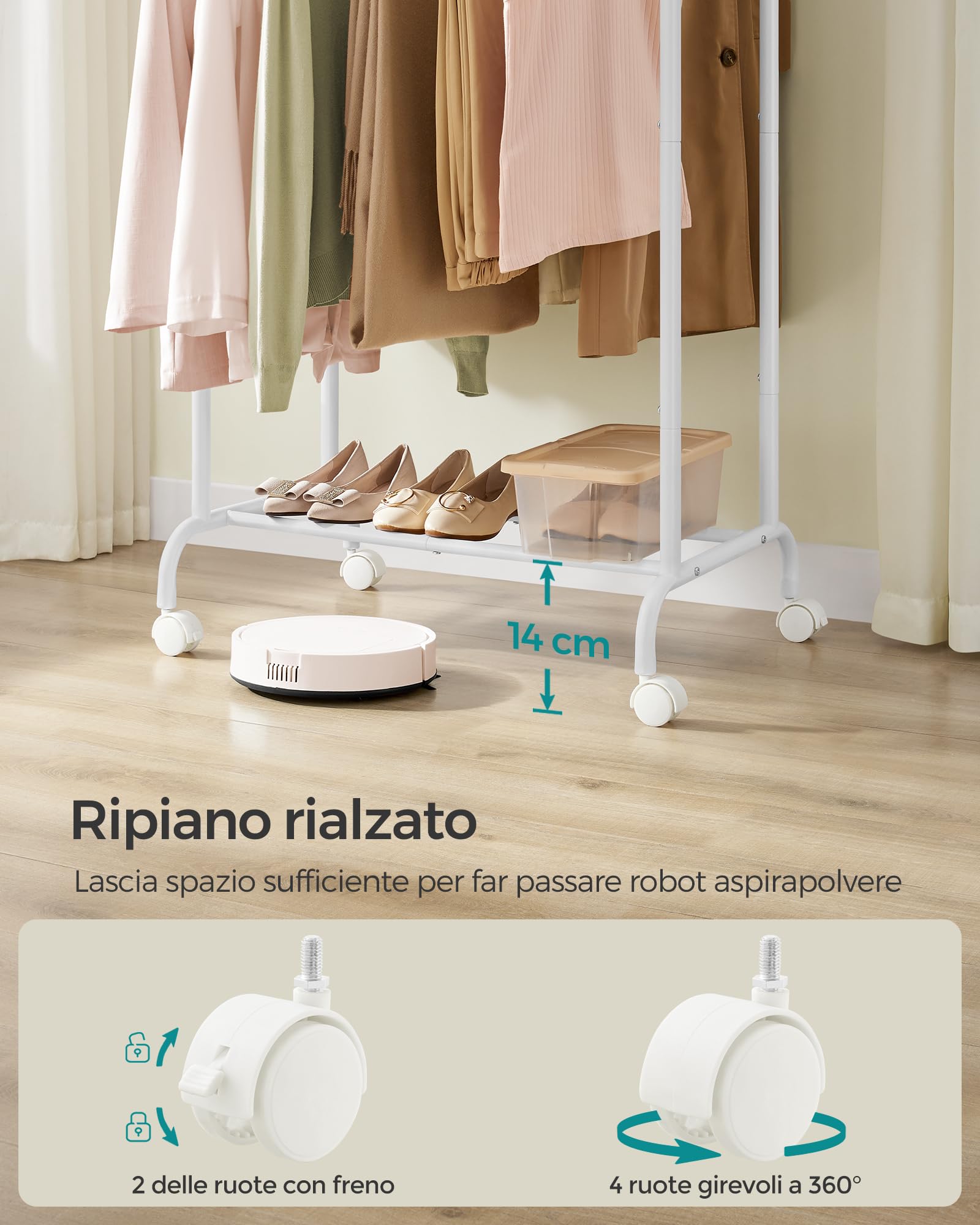 SONGMICS Stand Appendiabiti Doppio con Ruote, Attaccapanni Estensibile in Metallo, Portata Totale 80 kg, Larghezza 83-120 cm, Bianco Nuvola HSR133W01