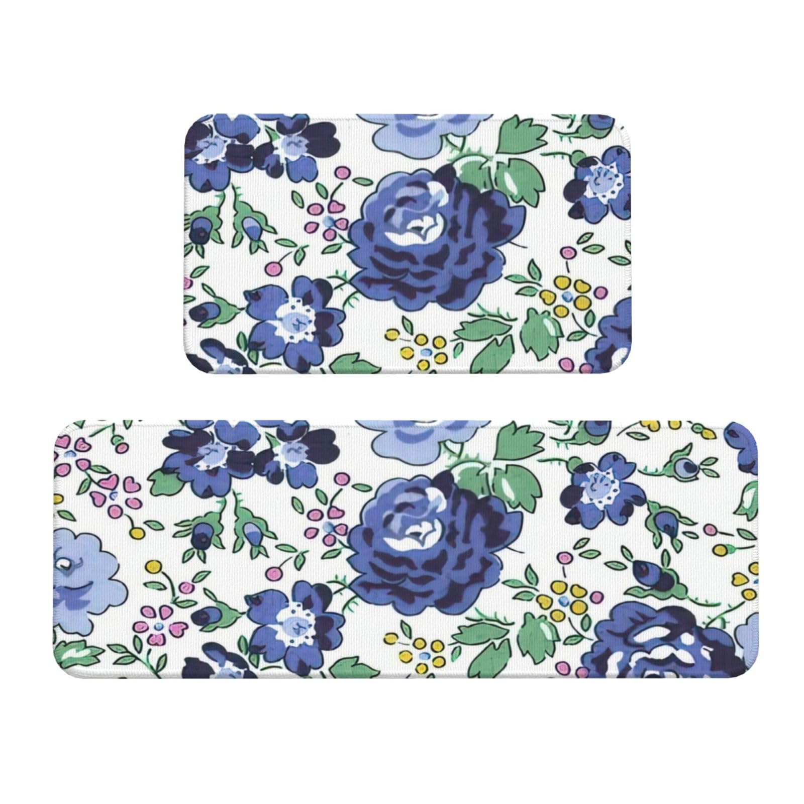Anti Fatigue Kitchen Mat,Vintage Floral Kitchen Rugs Sets of 2,Non Slip Cushioned Kitchen Mats for Floor Dining Room Home Office Sink Laundry (Flower 03, 17"x47"+17"x30")