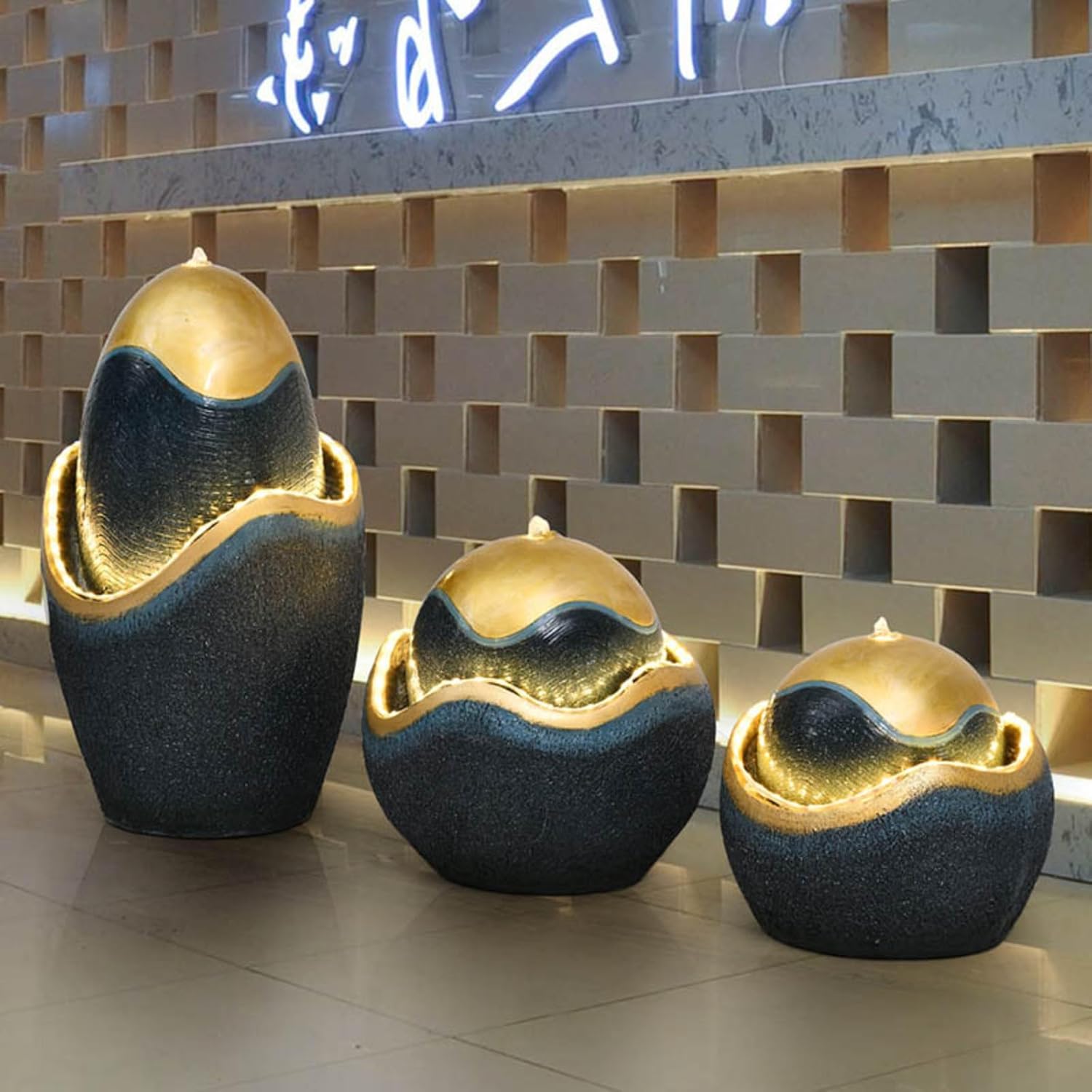 Modern Gold-Accented Indoor Water Fountains with LED Lighting – Unique Egg-Shaped Decor for Home, Office, Housewarming Gift (Small)